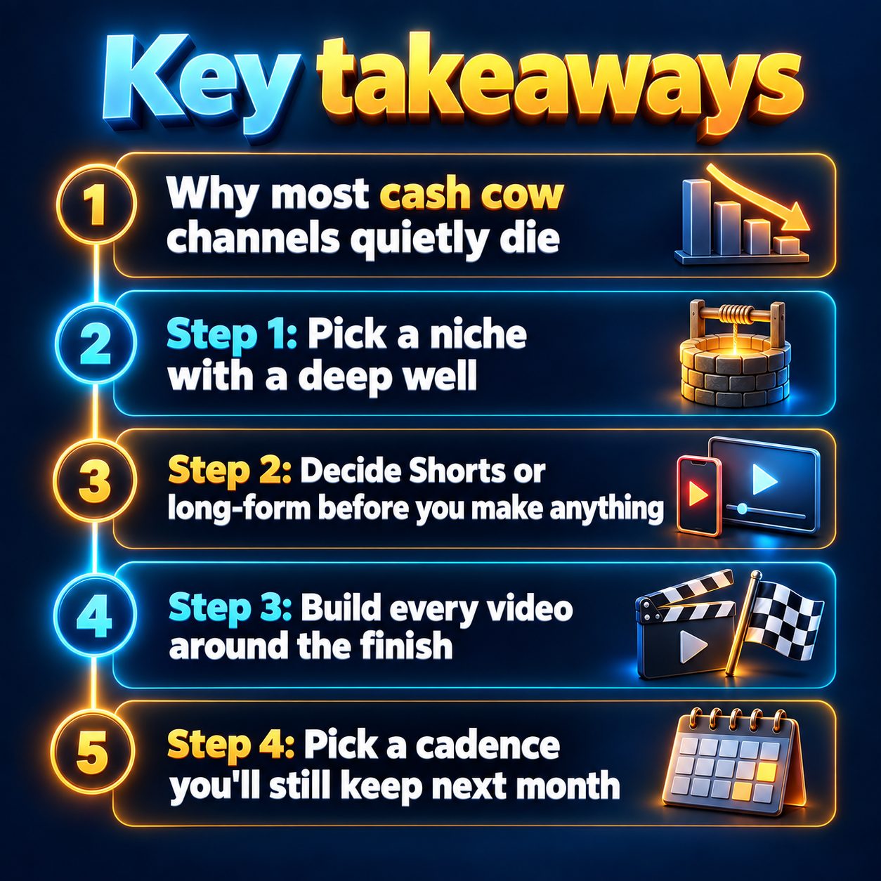Key takeaways: Why most cash cow channels quietly die; Step 1: Pick a niche with a deep well; Step 2: Decide Shorts or long-form before you make anything; Step 3: Build every video around the finish; Step 4: Pick a cadence you'll still keep next month