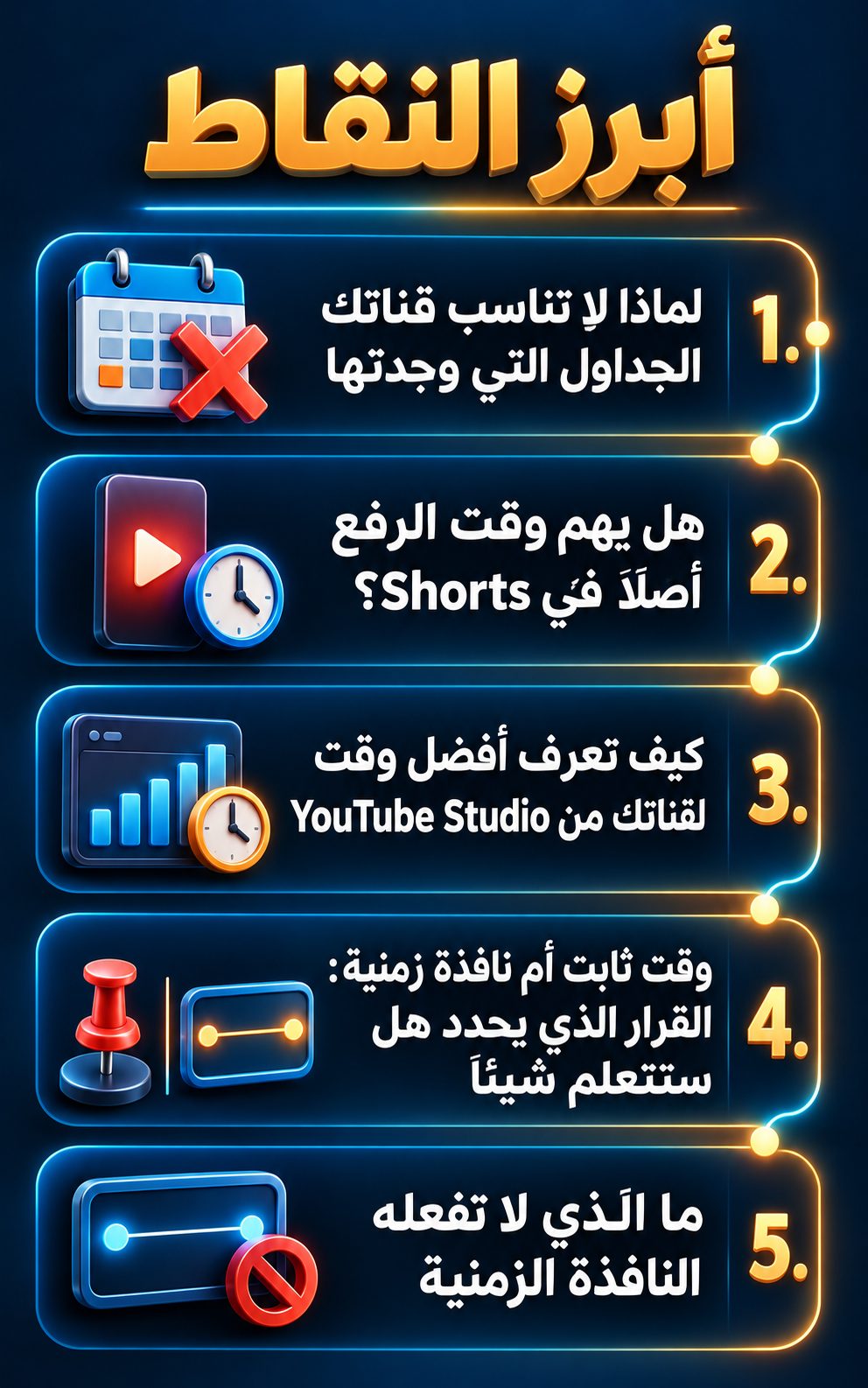 أبرز النقاط: لماذا لا تناسب قناتك الجداول التي وجدتها; هل وقت الرفع مهم أصلًا في Shorts؟; كيف تعرف أفضل وقت لقناتك من YouTube Studio; وقت ثابت أم نافذة زمنية: القرار الذي يحدد هل ستتعلم شيئًا; ما الذي لا تفعله النافذة الزمنية