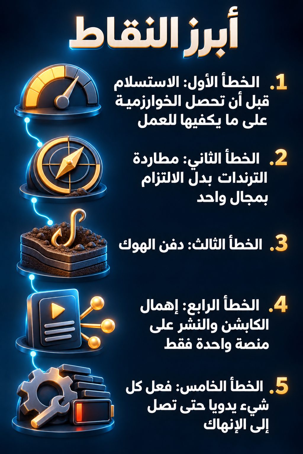 أبرز النقاط: الخطأ الأول: الاستسلام قبل أن تحصل الخوارزمية على ما يكفي لتعمل; الخطأ الثاني: مطاردة الترندات بدل الالتزام بمجال واحد; الخطأ الثالث: تأخير الهوك; الخطأ الرابع: إهمال الكتابة على الشاشة والنشر على منصة واحدة فقط; الخطأ الخامس: القيام بكل شيء يدويا حتى تُنهك