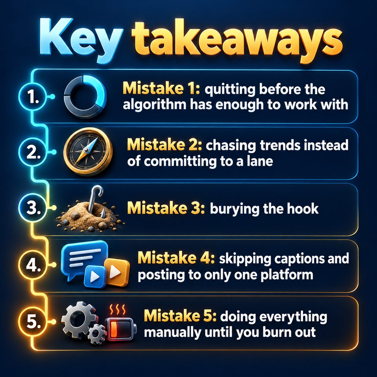 Key takeaways: Mistake 1: quitting before the algorithm has enough to work with; Mistake 2: chasing trends instead of committing to a lane; Mistake 3: burying the hook; Mistake 4: skipping captions and posting to only one platform; Mistake 5: doing everything manually until you burn out