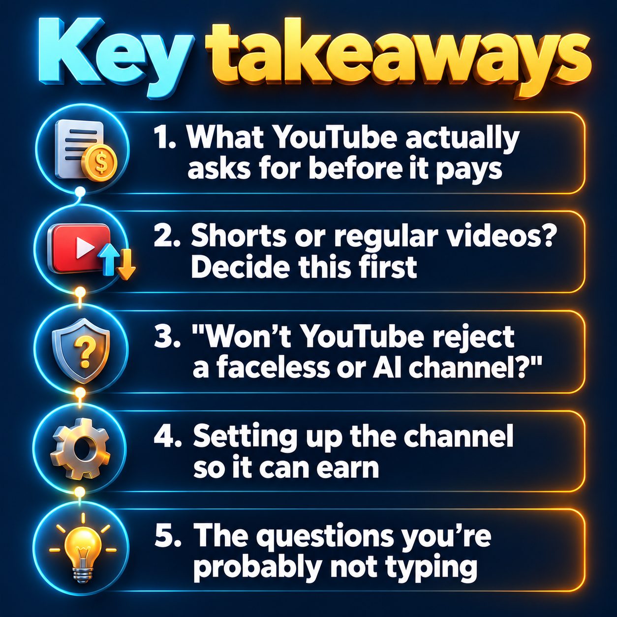 Key takeaways: What YouTube actually asks for before it pays; Shorts or regular videos? Decide this first; "Won't YouTube reject a faceless or AI channel?"; Setting up the channel so it can earn; The questions you're probably not typing