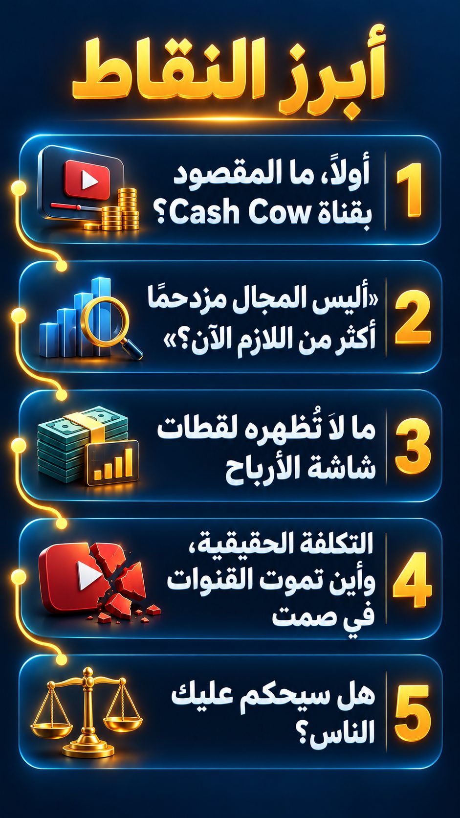 أبرز النقاط: أولًا، ما معنى قناة Cash Cow؟; «أليس المجال مزدحمًا أكثر من اللازم الآن؟»; ما لا تُظهره لقطات شاشة الأرباح; التكلفة الحقيقية، وأين تموت القنوات بصمت; هل سيحكم عليك الناس؟