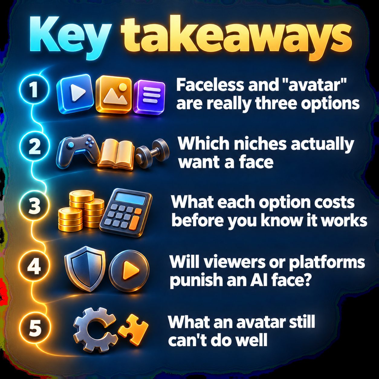 Key takeaways: Faceless and "avatar" are really three options; Which niches actually want a face; What each option costs before you know it works; Will viewers or platforms punish an AI face?; What an avatar still can't do well