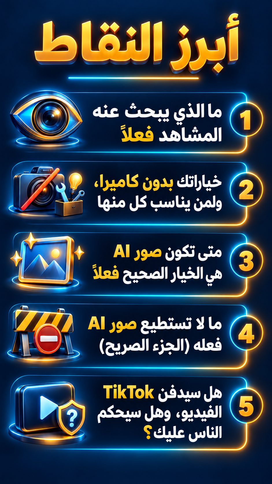 أبرز النقاط: ما الذي يبحث عنه المشاهد فعلًا; خياراتك بدون كاميرا، ولمن يناسب كل منها; متى تكون صور AI هي الخيار الصحيح فعلًا; ما لا تستطيع صور AI فعله (الجزء الصريح); هل سيدفن TikTok الفيديو، وهل سيحكم الناس عليك؟