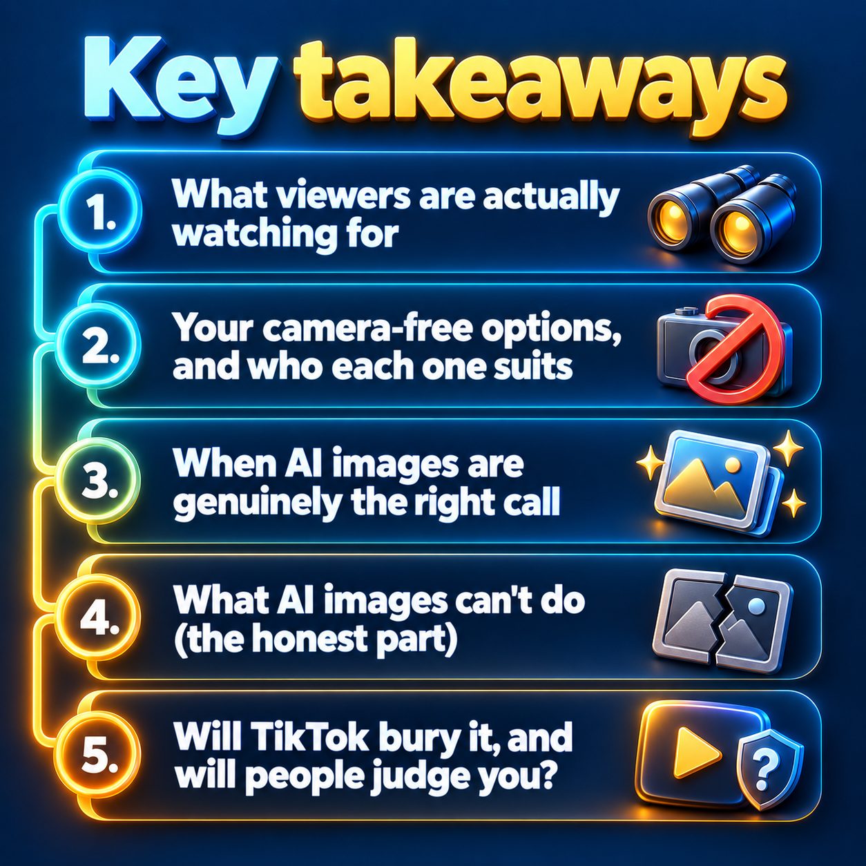 Key takeaways: What viewers are actually watching for; Your camera-free options, and who each one suits; When AI images are genuinely the right call; What AI images can't do (the honest part); Will TikTok bury it, and will people judge you?
