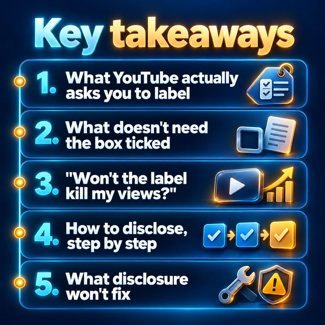Key takeaways: What YouTube actually asks you to label; What doesn't need the box ticked; "Won't the label kill my views?"; How to disclose, step by step; What disclosure won't fix