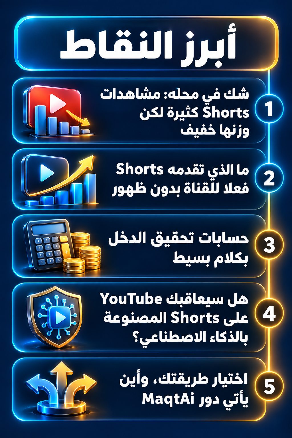 أبرز النقاط: شكك في محله: مشاهدات Shorts كثيرة لكن قيمتها قليلة; ما الذي تقدمه Shorts فعلا للقناة بدون ظهور; حسابات تحقيق الدخل بكلام بسيط; هل سيعاقبك YouTube على Shorts المصنوعة بالذكاء الاصطناعي؟; كيف تختار طريقتك، وما دور MaqtAi