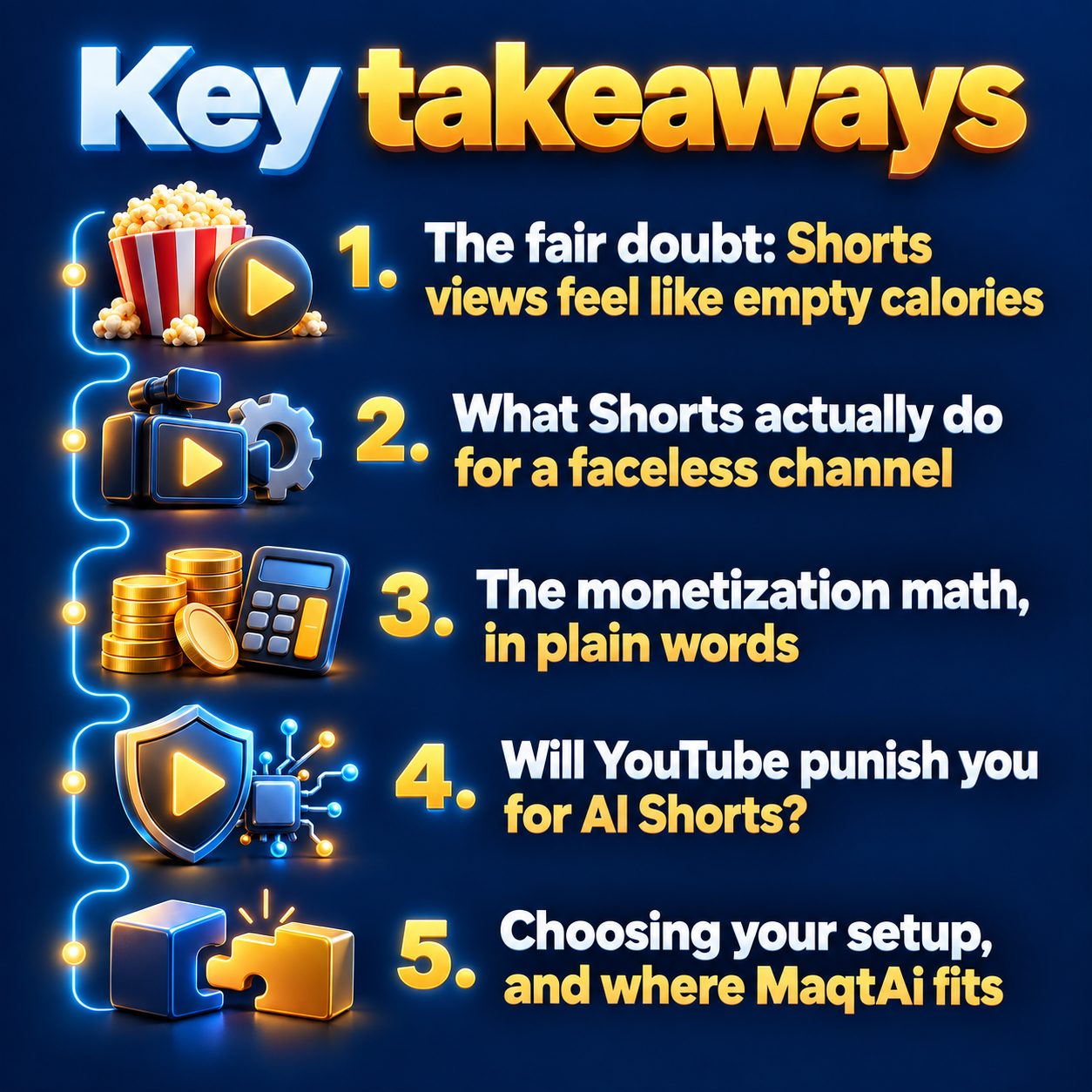 Key takeaways: The fair doubt: Shorts views feel like empty calories; What Shorts actually do for a faceless channel; The monetization math, in plain words; Will YouTube punish you for AI Shorts?; Choosing your setup, and where MaqtAi fits