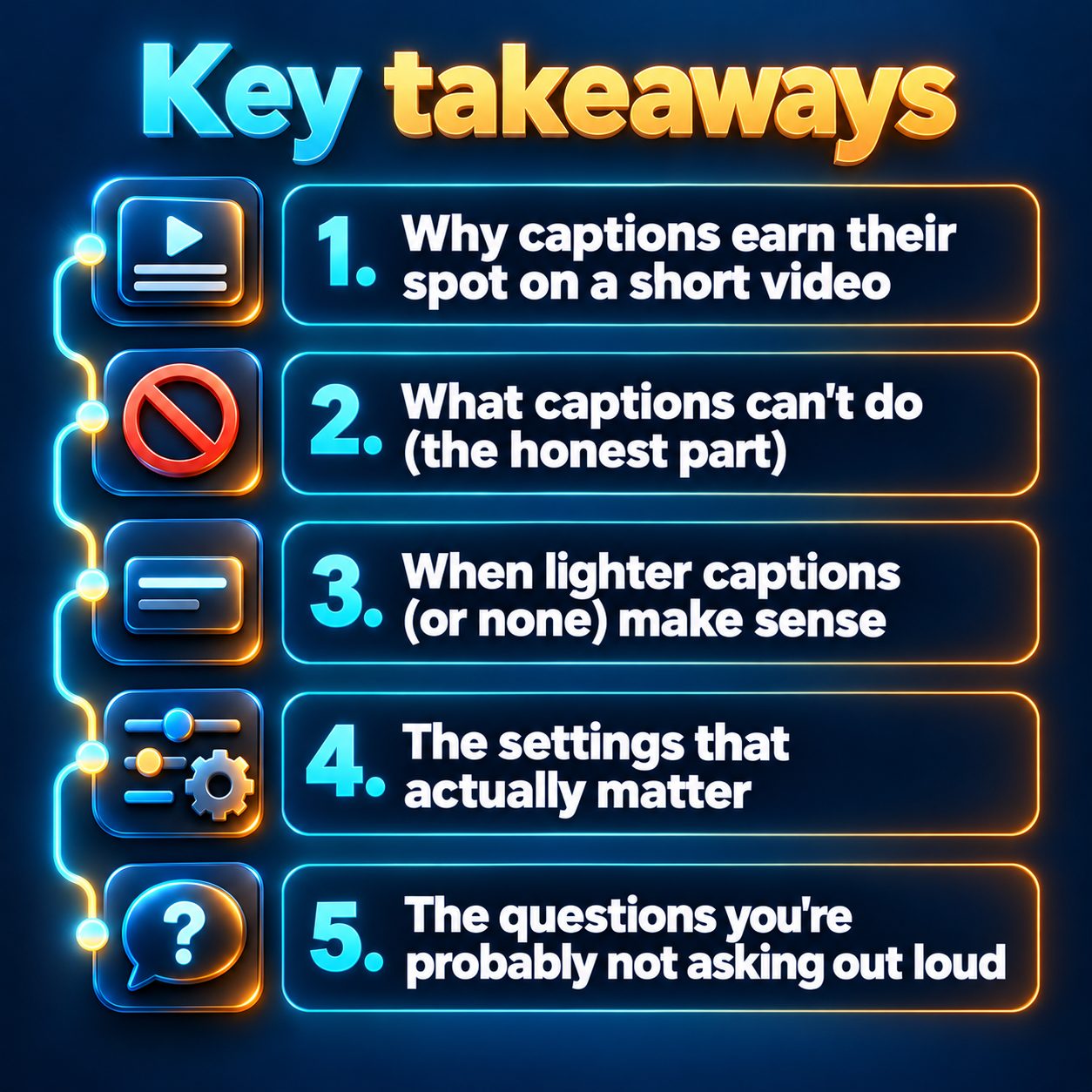 Key takeaways: Why captions earn their spot on a short video; What captions can't do (the honest part); When lighter captions (or none) make sense; The settings that actually matter; The questions you're probably not asking out loud