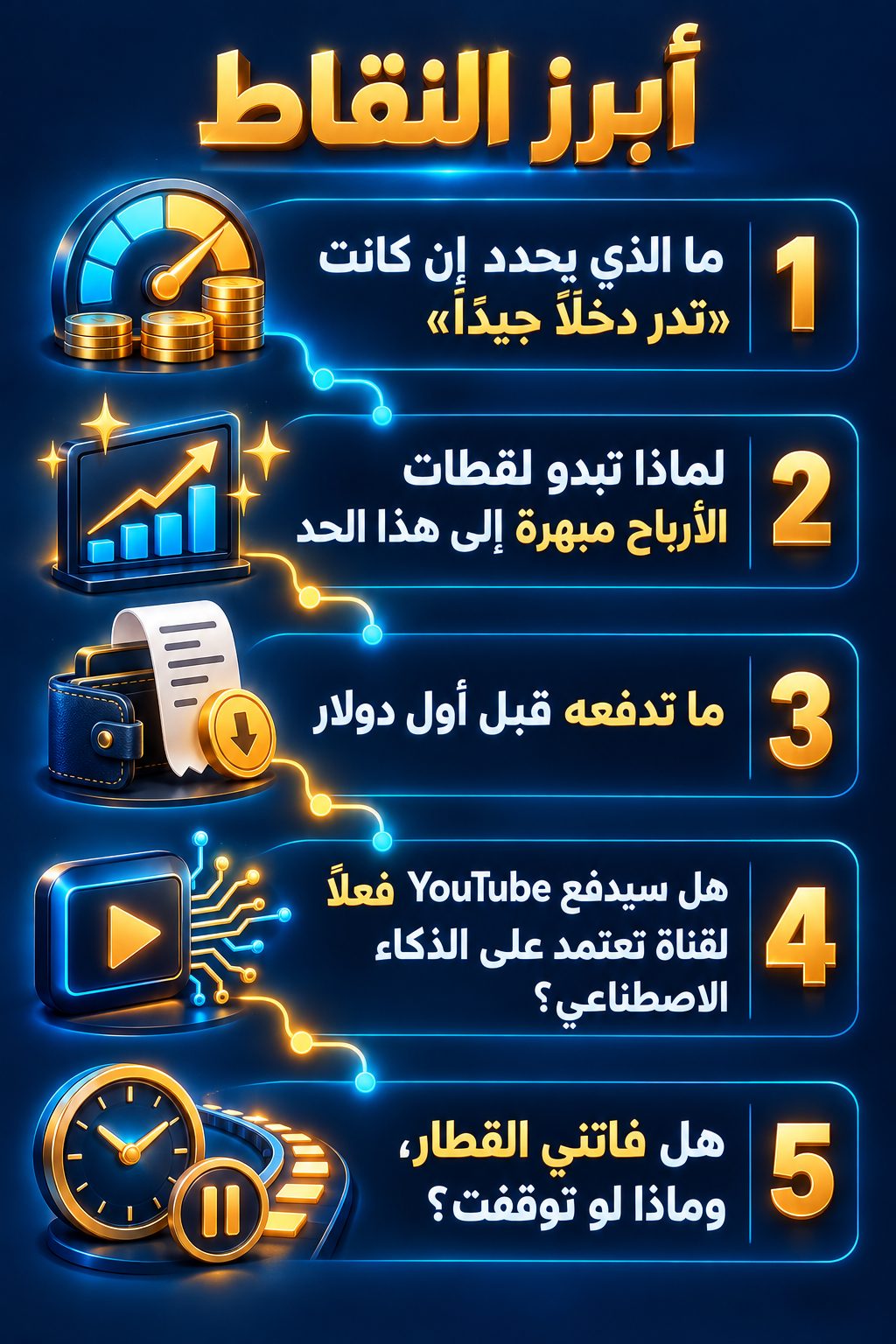 أبرز النقاط: ما الذي يحدد إن كانت «تدر دخلًا جيدًا»; لماذا تبدو لقطات الأرباح مبهرة إلى هذا الحد; ما تدفعه قبل أول دولار; هل سيدفع YouTube فعلًا لقناة تعتمد على الذكاء الاصطناعي؟; هل فاتني القطار، وماذا لو توقفت؟