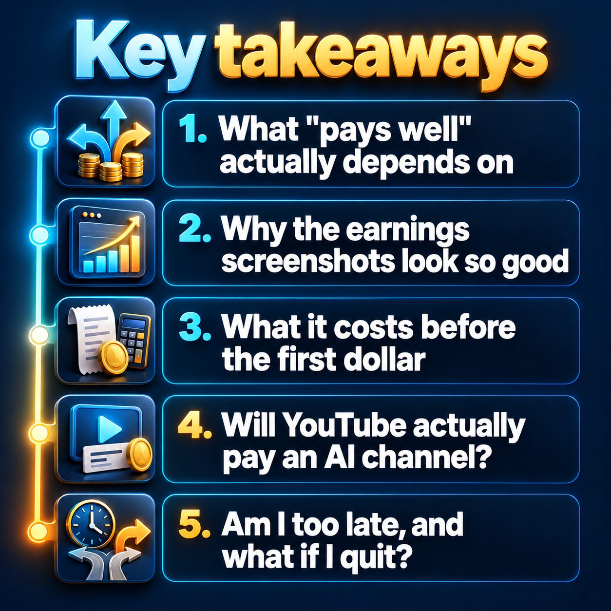 Key takeaways: What "pays well" actually depends on; Why the earnings screenshots look so good; What it costs before the first dollar; Will YouTube actually pay an AI channel?; Am I too late, and what if I quit?