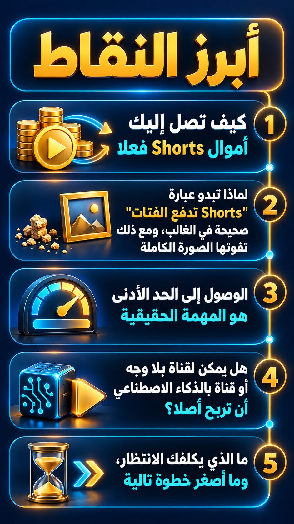أبرز النقاط: كيف تصلك أرباح Shorts فعلًا; لماذا تبدو عبارة "Shorts تدفع الفتات" صحيحة غالبًا، لكنها لا ترى الصورة كاملة; الوصول إلى الحد الأدنى هو المهمة الحقيقية; هل تستطيع قناة بلا وجه أو قناة بالذكاء الاصطناعي أن تربح أصلًا؟; ماذا يكلفك الانتظار، وما أصغر خطوة تالية