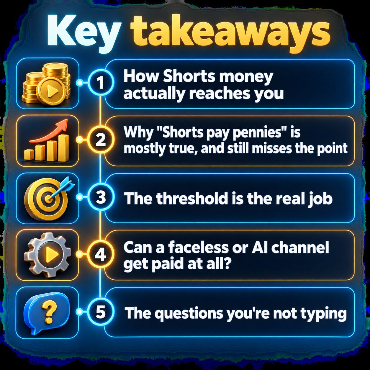 Key takeaways: How Shorts money actually reaches you; Why "Shorts pay pennies" is mostly true, and still misses the point; The threshold is the real job; Can a faceless or AI channel get paid at all?; The questions you're not typing
