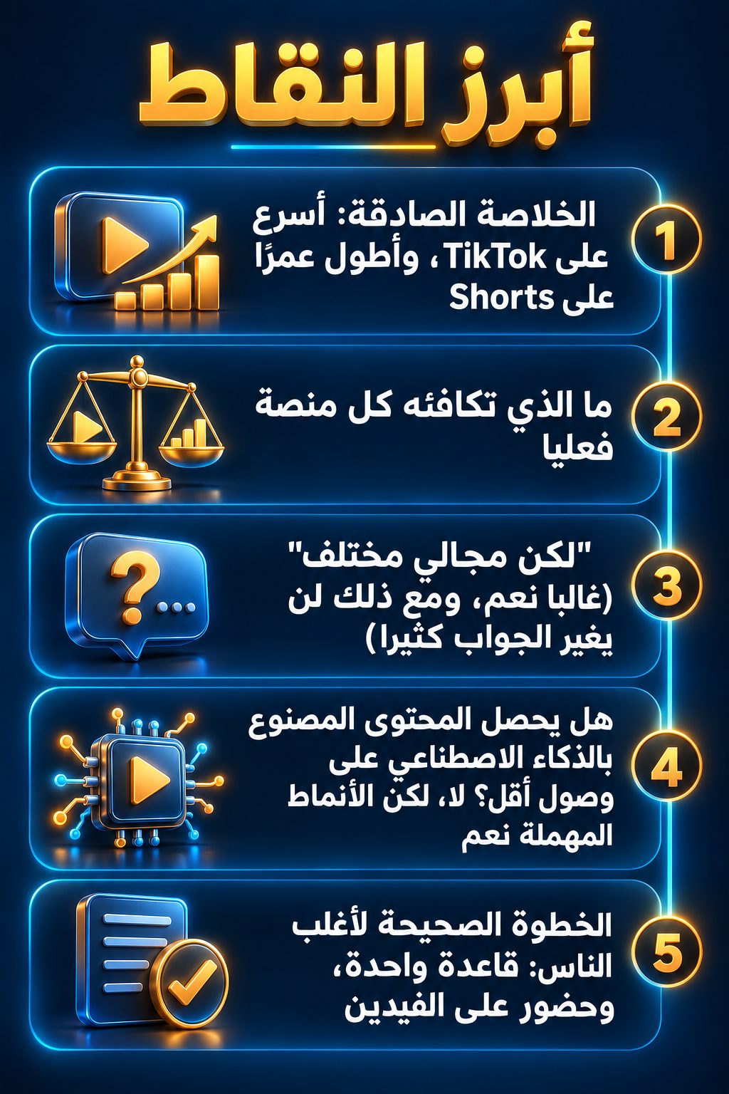 أبرز النقاط: الخلاصة الصادقة: أسرع على TikTok، وأطول عمرا على Shorts; ما الذي تكافئه كل منصة فعلا; "لكن مجالي مختلف" (غالبا هو كذلك، لكن هذا لن يغير الجواب كثيرا); هل يصل المحتوى المصنوع بالذكاء الاصطناعي إلى عدد أقل من الناس؟ لا، لكن الأساليب المهملة نعم; الخطوة الصحيحة لأغلب الناس: منصة أساسية واحدة، وحضور على المنصتين