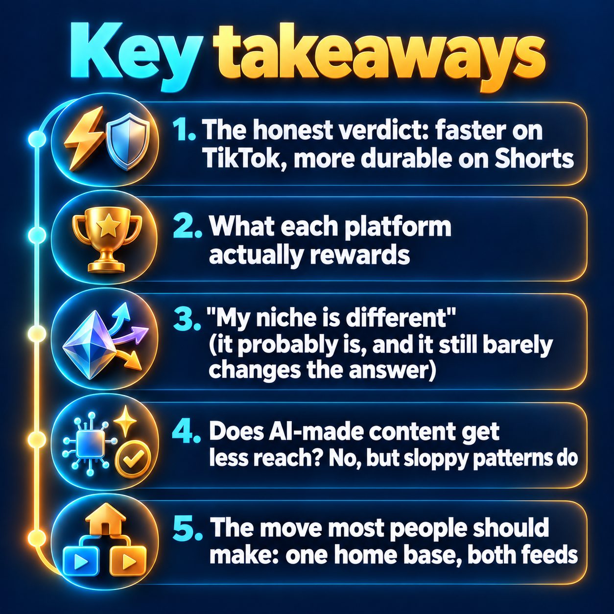 Key takeaways: The honest verdict: faster on TikTok, more durable on Shorts; What each platform actually rewards; "My niche is different" (it probably is, and it still barely changes the answer); Does AI-made content get less reach? No, but sloppy patterns do; The move most people should make: one home base, both feeds