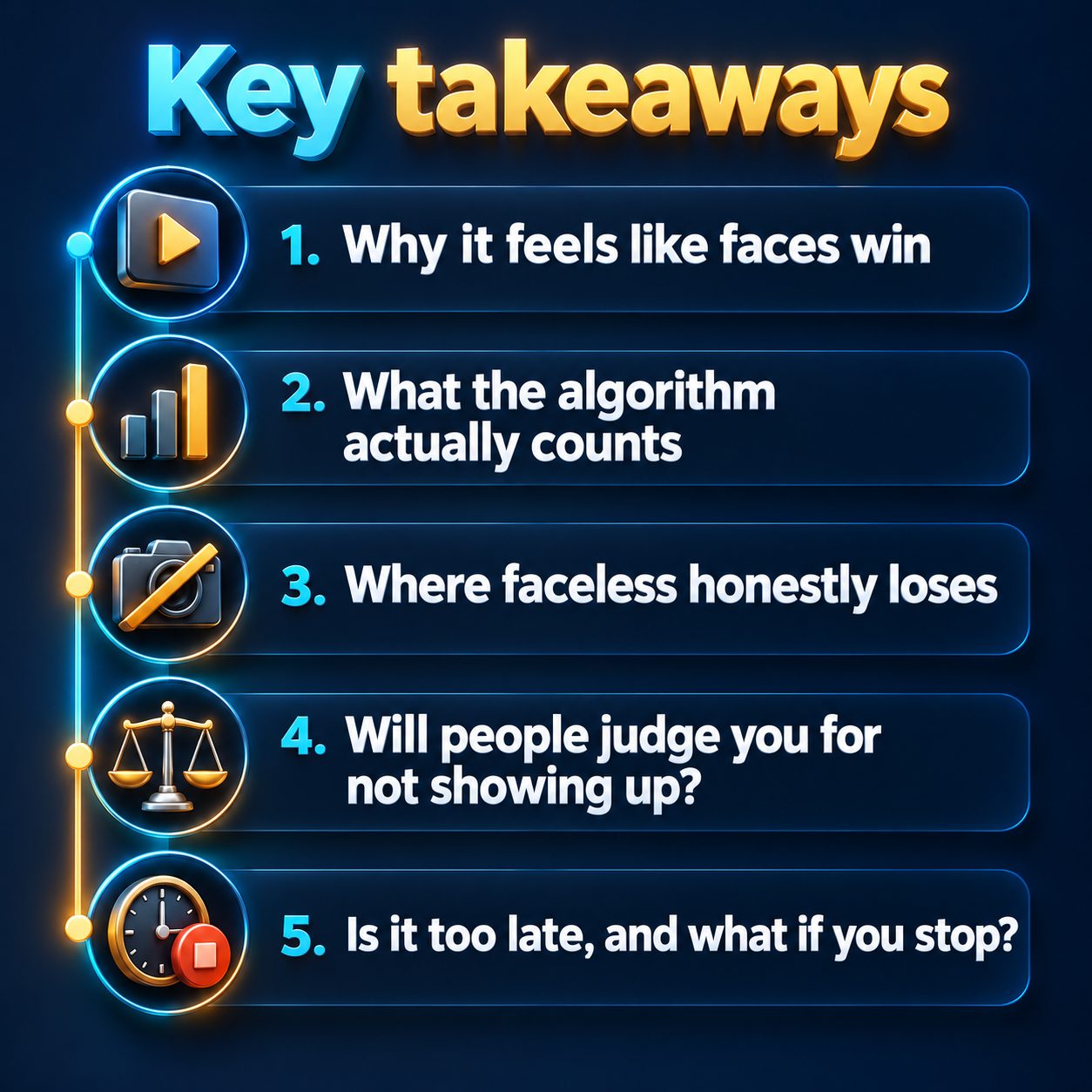 Key takeaways: Why it feels like faces win; What the algorithm actually counts; Where faceless honestly loses; Will people judge you for not showing up?; Is it too late, and what if you stop?