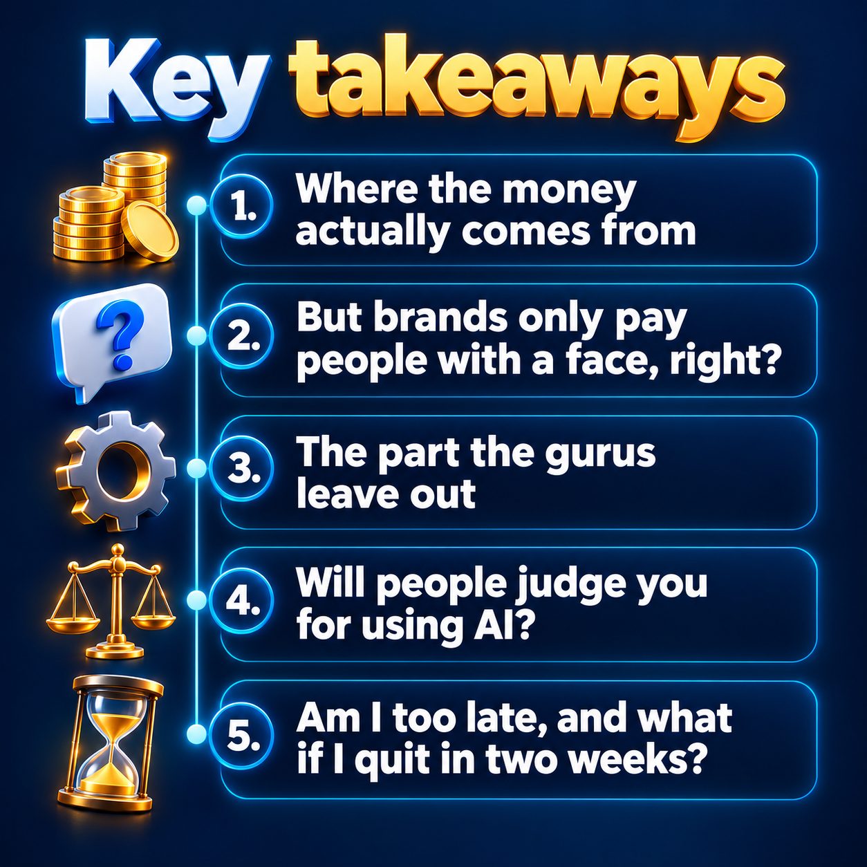 Key takeaways: Where the money actually comes from; But brands only pay people with a face, right?; The part the gurus leave out; Will people judge you for using AI?; Am I too late, and what if I quit in two weeks?