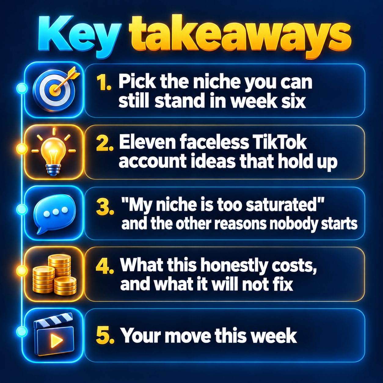 Key takeaways: Pick the niche you can still stand in week six; Eleven faceless TikTok account ideas that hold up; "My niche is too saturated" and the other reasons nobody starts; What this honestly costs, and what it will not fix; Your move this week