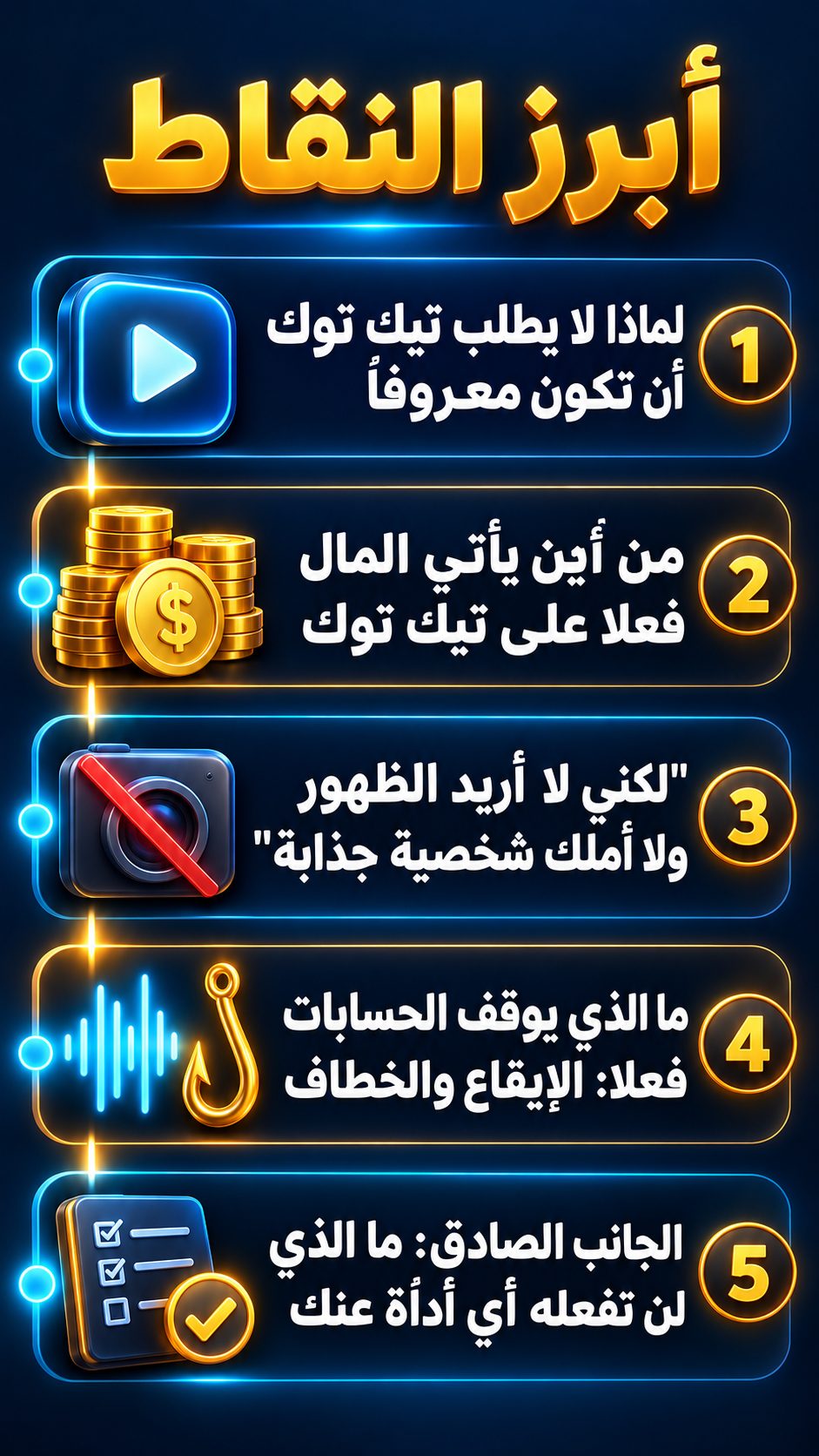 أبرز النقاط: لماذا لا يطلب تيك توك أن تكون معروفا; من أين يأتي المال فعلا على تيك توك; "لكني لا أريد الظهور ولا أملك شخصية جذابة"; ما الذي يوقف الحسابات فعلا: الإيقاع والخطاف; الجانب الصادق: ما الذي لن تفعله أي أداة عنك