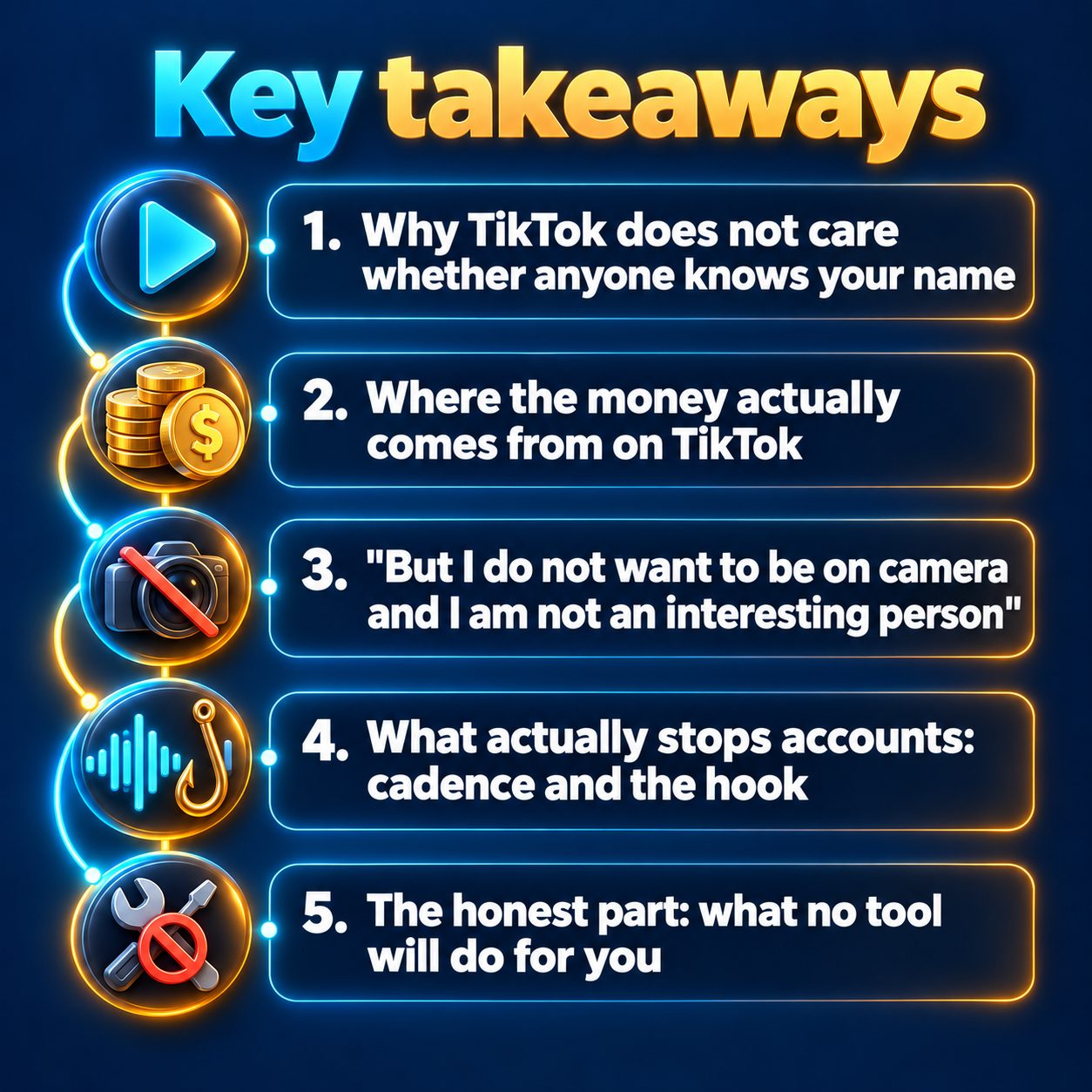 Key takeaways: Why TikTok does not care whether anyone knows your name; Where the money actually comes from on TikTok; "But I do not want to be on camera and I am not an interesting person"; What actually stops accounts: cadence and the hook; The honest part: what no tool will do for you