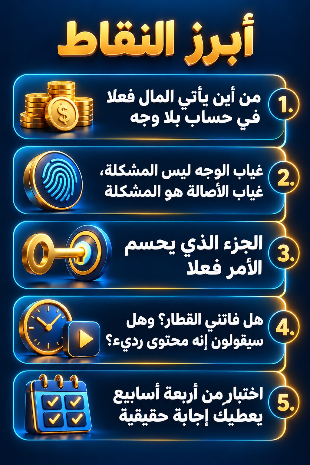 أبرز النقاط: من أين يأتي المال فعلا في حساب بلا وجه; غياب الوجه ليس المشكلة، المشكلة هي غياب الأصالة; الجزء الذي يحسم الأمر فعلا; هل فاتني القطار؟ وهل سيقول الناس إنه محتوى رديء؟; اختبار من أربعة أسابيع يعطيك إجابة حقيقية