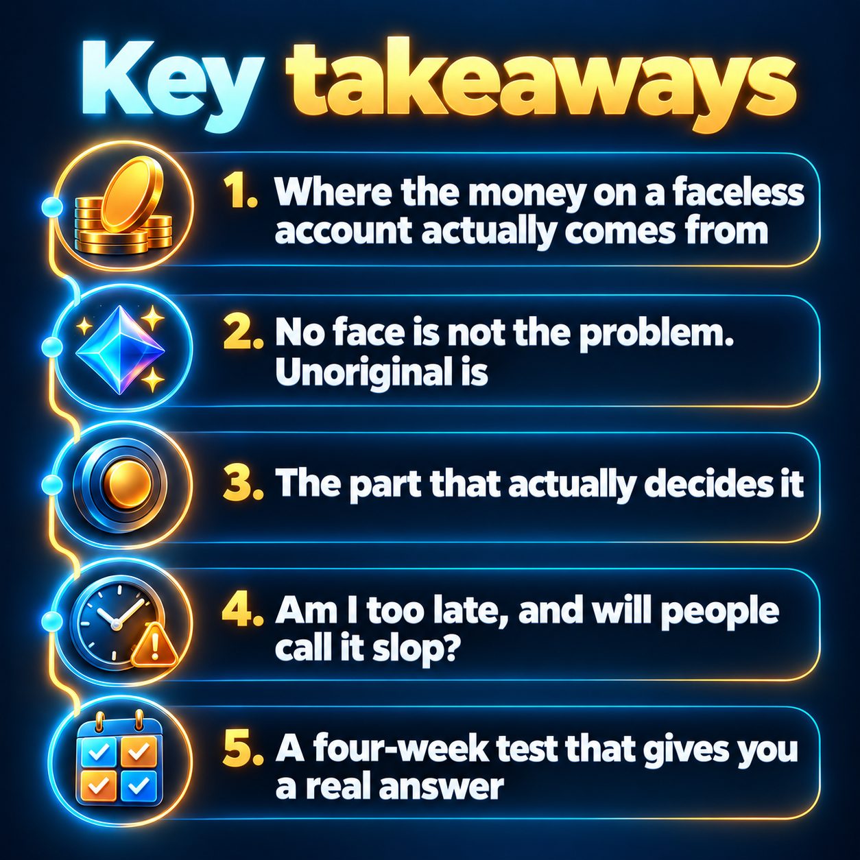 Key takeaways: Where the money on a faceless account actually comes from; No face is not the problem. Unoriginal is; The part that actually decides it; Am I too late, and will people call it slop?; A four-week test that gives you a real answer