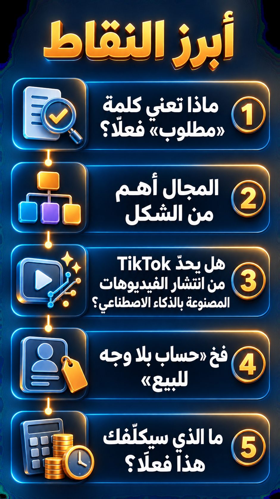 أبرز النقاط: ماذا تعني كلمة «مطلوب» فعلًا؟; المجال أهم من الشكل; هل يحدّ TikTok من انتشار الفيديوهات المصنوعة بالذكاء الاصطناعي؟; فخ «حساب بلا وجه للبيع»; ما الذي سيكلّفك هذا فعلًا؟