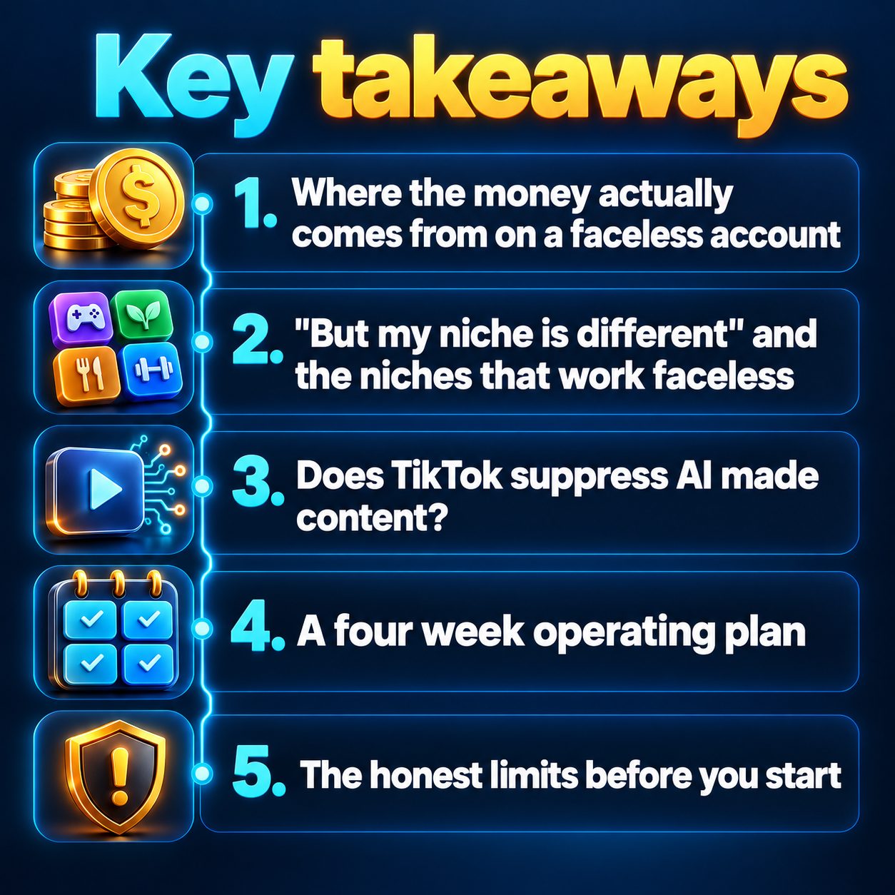 Key takeaways: Where the money actually comes from on a faceless account; "But my niche is different" and the niches that work faceless; Does TikTok suppress AI made content?; A four week operating plan; The honest limits before you start