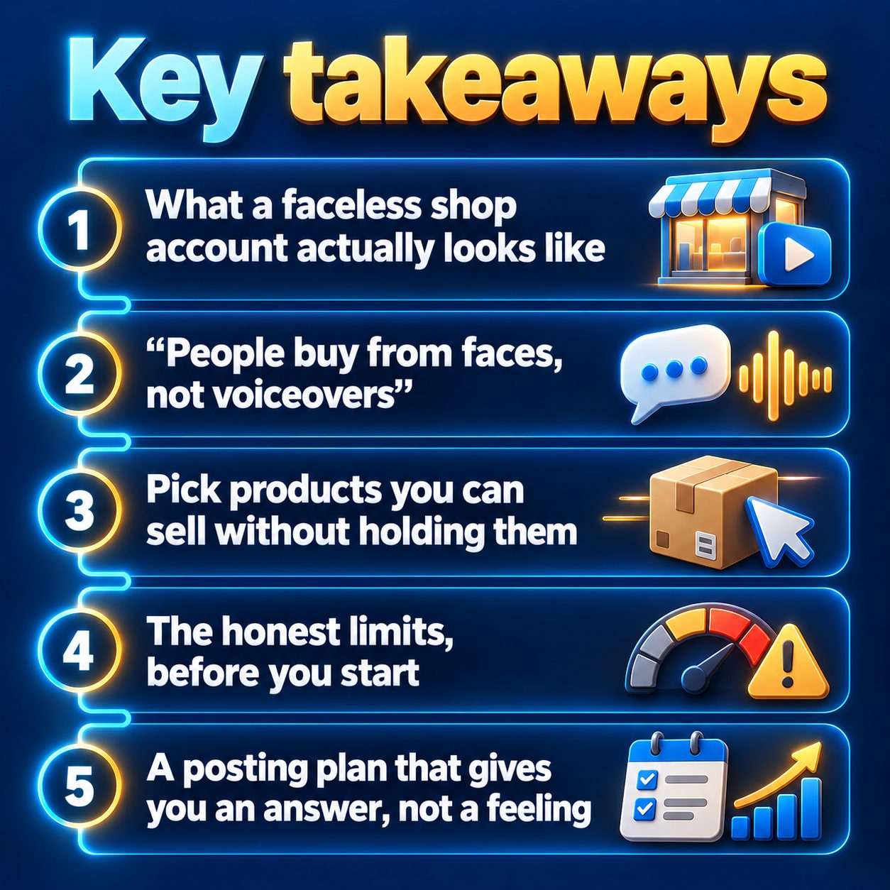 Key takeaways: What a faceless shop account actually looks like; "People buy from faces, not voiceovers"; Pick products you can sell without holding them; The honest limits, before you start; A posting plan that gives you an answer, not a feeling