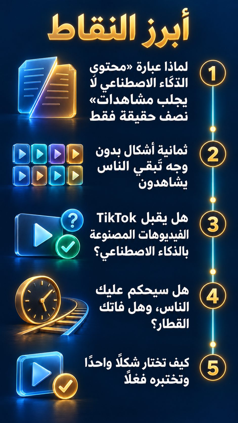 أبرز النقاط: لماذا عبارة «محتوى الذكاء الاصطناعي لا يجلب مشاهدات» نصف حقيقة فقط; ثمانية أشكال بدون وجه تُبقي الناس يشاهدون; هل يقبل TikTok الفيديوهات المصنوعة بالذكاء الاصطناعي؟; هل سيحكم عليك الناس، وهل فاتك القطار؟; كيف تختار شكلًا واحدًا وتختبره فعلًا