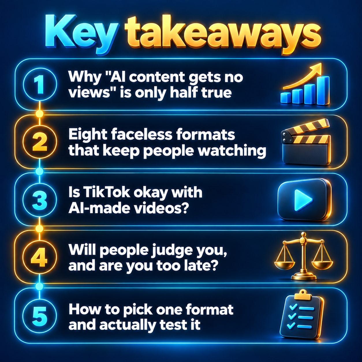 Key takeaways: Why "AI content gets no views" is only half true; Eight faceless formats that keep people watching; Is TikTok okay with AI-made videos?; Will people judge you, and are you too late?; How to pick one format and actually test it