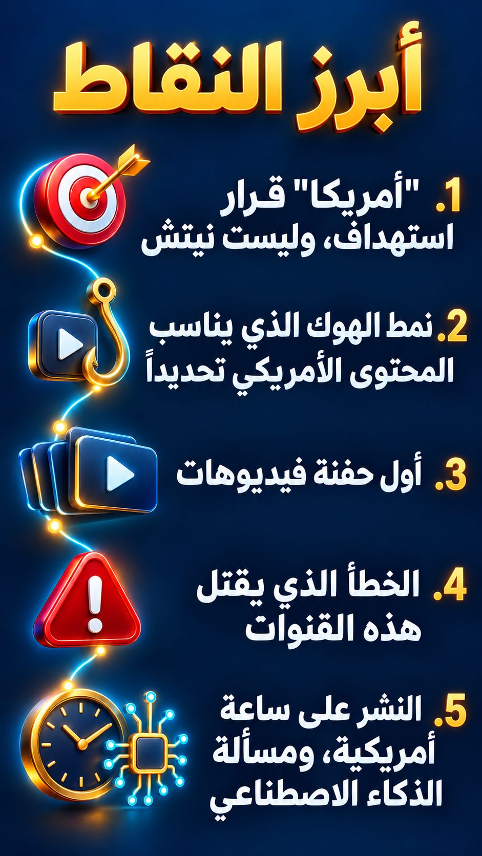 أبرز النقاط: "أمريكا" قرار استهداف، وليست مجالًا; نمط الهوك المناسب للمحتوى الأمريكي; أول مجموعة فيديوهات; الخطأ الذي يقتل هذه القنوات; النشر على التوقيت الأمريكي، وسؤال الذكاء الاصطناعي
