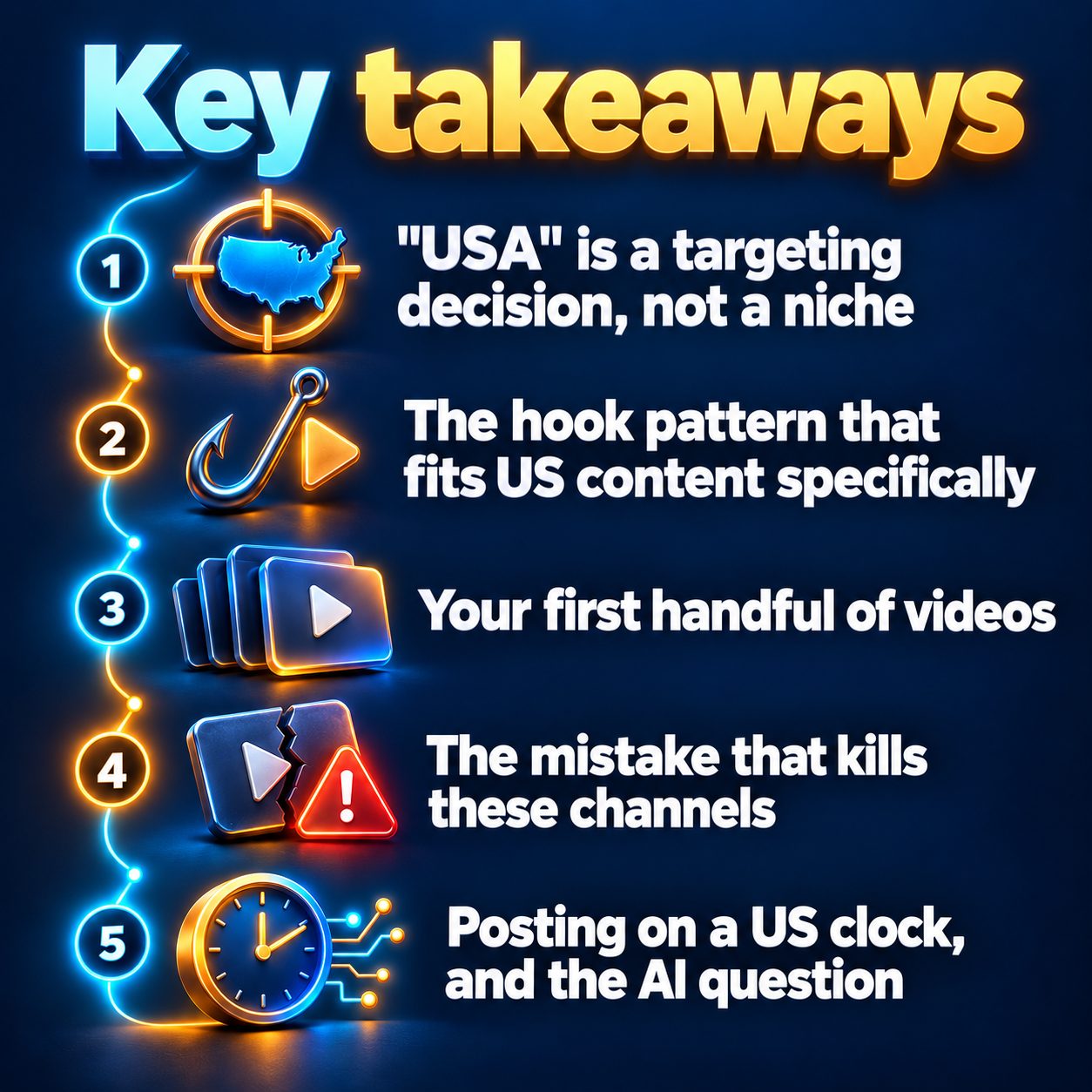 Key takeaways: "USA" is a targeting decision, not a niche; The hook pattern that fits US content specifically; Your first handful of videos; The mistake that kills these channels; Posting on a US clock, and the AI question