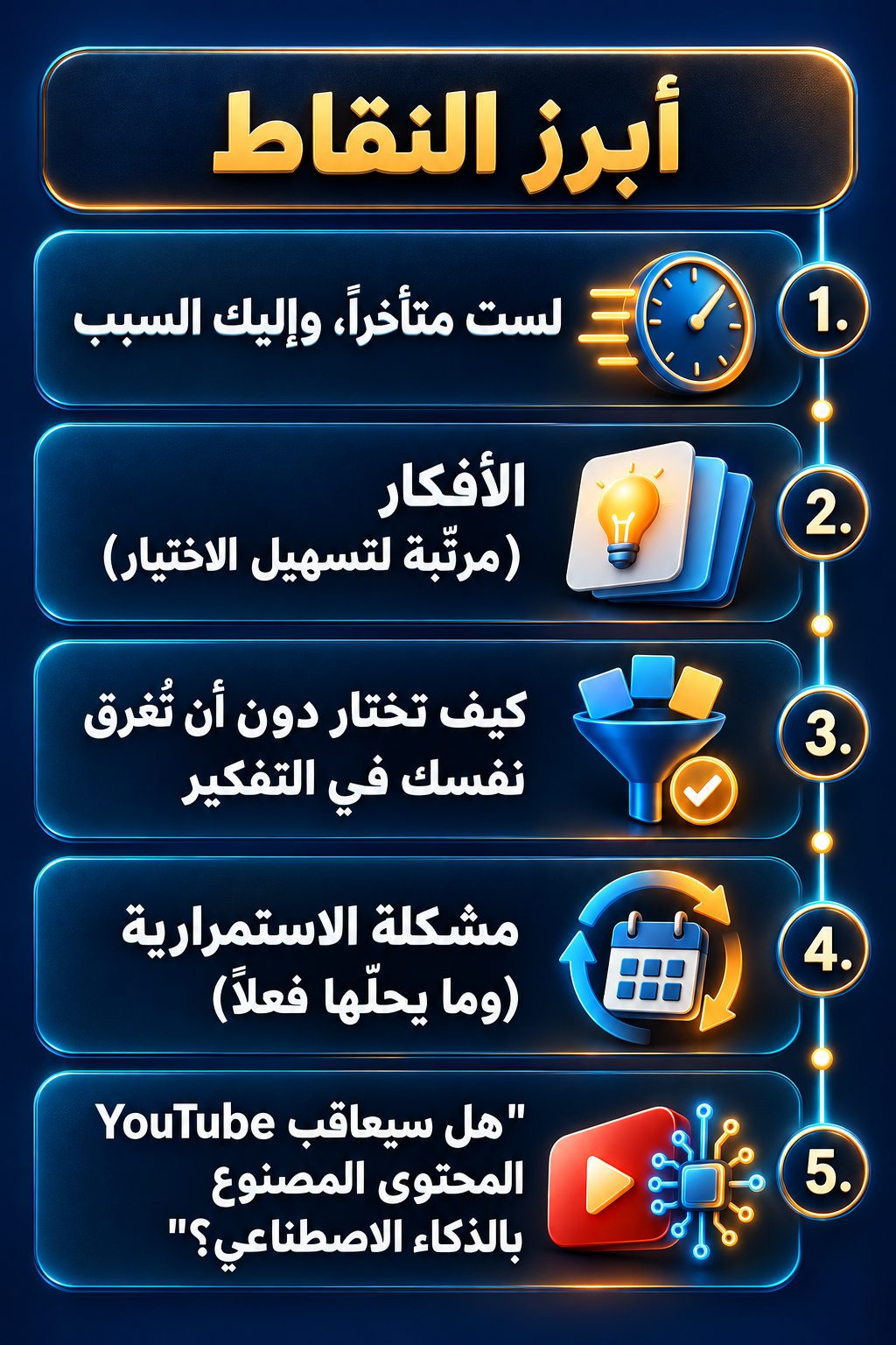 أبرز النقاط: لست متأخراً، وهذا هو السبب; الأفكار (مرتّبة ليسهل عليك الاختيار); كيف تختار دون أن تفكر أكثر من اللازم; مشكلة الاستمرار (وما يحلّها فعلاً); "هل سيعاقب YouTube المحتوى المصنوع بالذكاء الاصطناعي؟"
