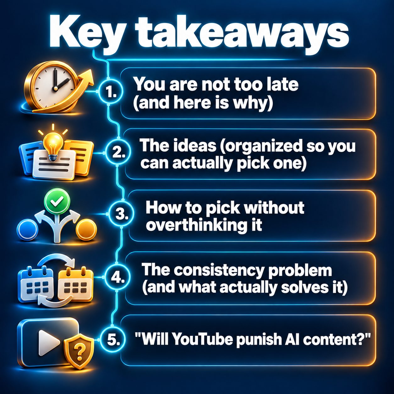 Key takeaways: You are not too late (and here is why); The ideas (organized so you can actually pick one); How to pick without overthinking it; The consistency problem (and what actually solves it); "Will YouTube punish AI content?"
