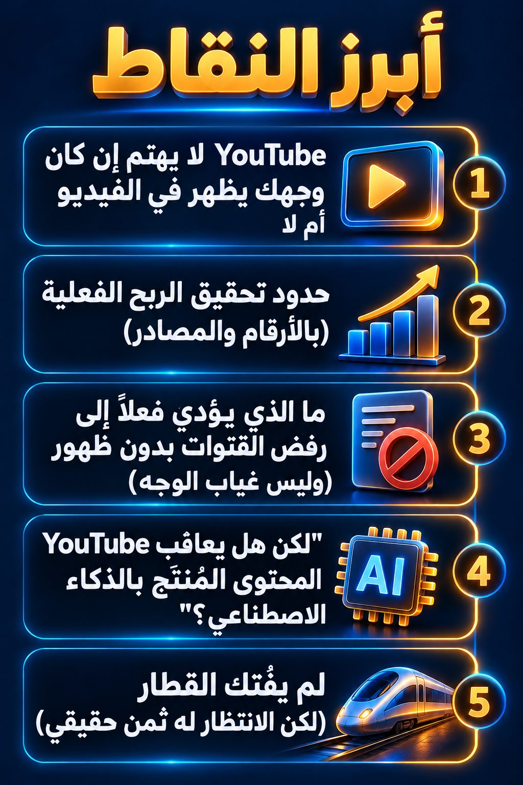 أبرز النقاط: YouTube لا يهتم إن كان وجهك يظهر في الفيديو أم لا; حدود تحقيق الربح الحقيقية (بالأرقام والمصادر); ما الذي يسبب رفض القنوات بدون ظهور فعلاً (وليس غياب الوجه); "لكن هل يعاقب YouTube المحتوى المصنوع بالذكاء الاصطناعي؟"; لم يفُتك القطار (لكن الانتظار له ثمن حقيقي)