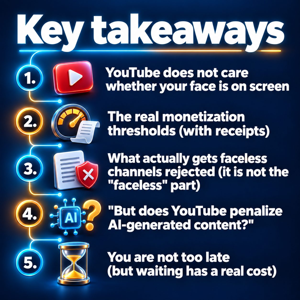 Key takeaways: YouTube does not care whether your face is on screen; The real monetization thresholds (with receipts); What actually gets faceless channels rejected (it is not the "faceless" part); "But does YouTube penalize AI-generated content?"; You are not too late (but waiting has a real cost)