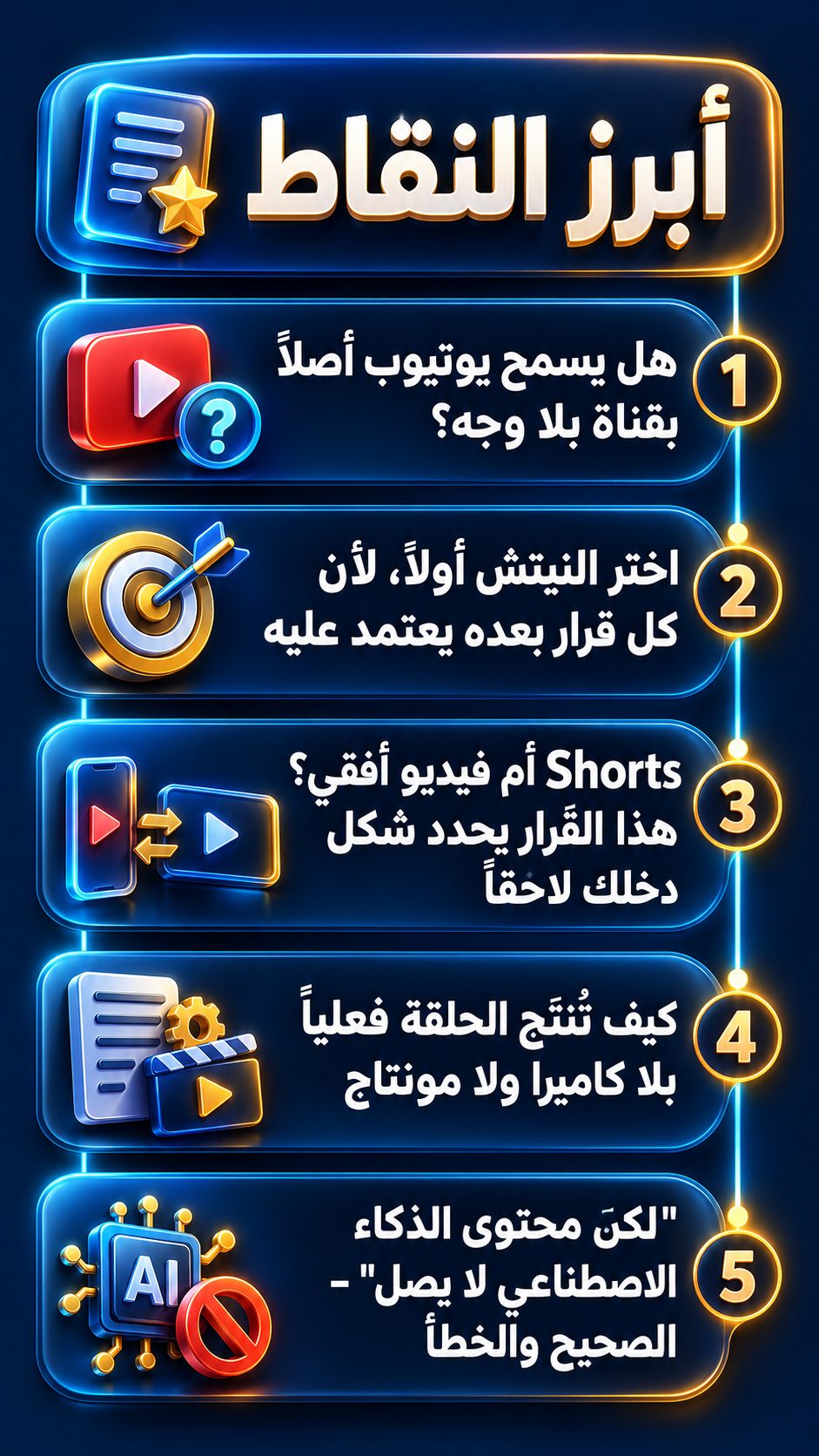 أبرز النقاط: هل يسمح يوتيوب بقناة بلا وجه؟; اختر المجال أولاً، لأن كل قرار بعده يعتمد عليه; Shorts أم فيديو أفقي؟ هذا القرار يحدد شكل دخلك لاحقاً; كيف تُصنع الحلقة فعلياً بلا كاميرا ولا مونتاج; "لكن محتوى الذكاء الاصطناعي لا ينتشر": ما الصحيح وما الخطأ؟