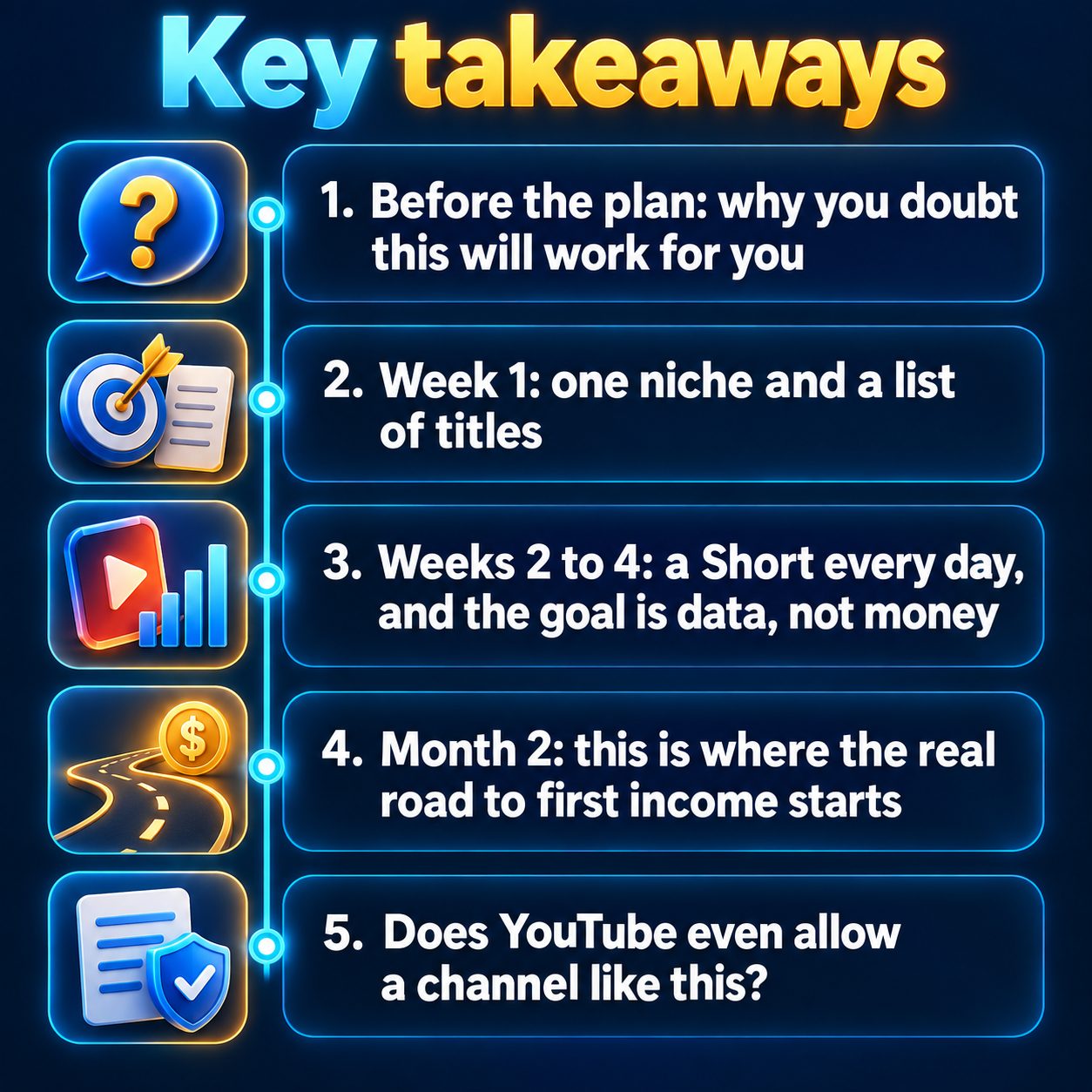Key takeaways: Before the plan: why you doubt this will work for you; Week 1: one niche and a list of titles; Weeks 2 to 4: a Short every day, and the goal is data, not money; Month 2: this is where the real road to first income starts; Does YouTube even allow a channel like this?