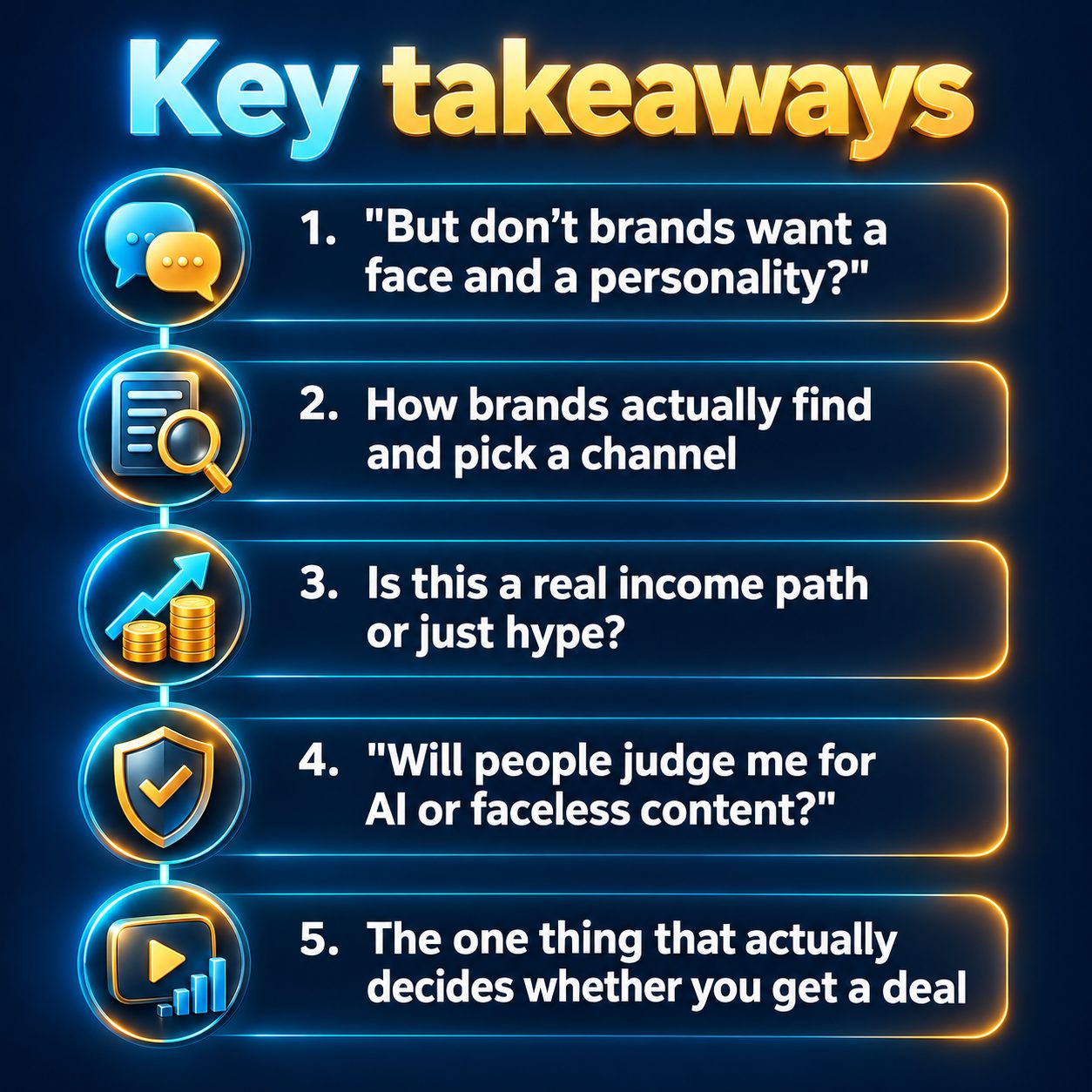 Key takeaways: "But don't brands want a face and a personality?"; How brands actually find and pick a channel; Is this a real income path or just hype?; "Will people judge me for AI or faceless content?"; The one thing that actually decides whether you get a deal