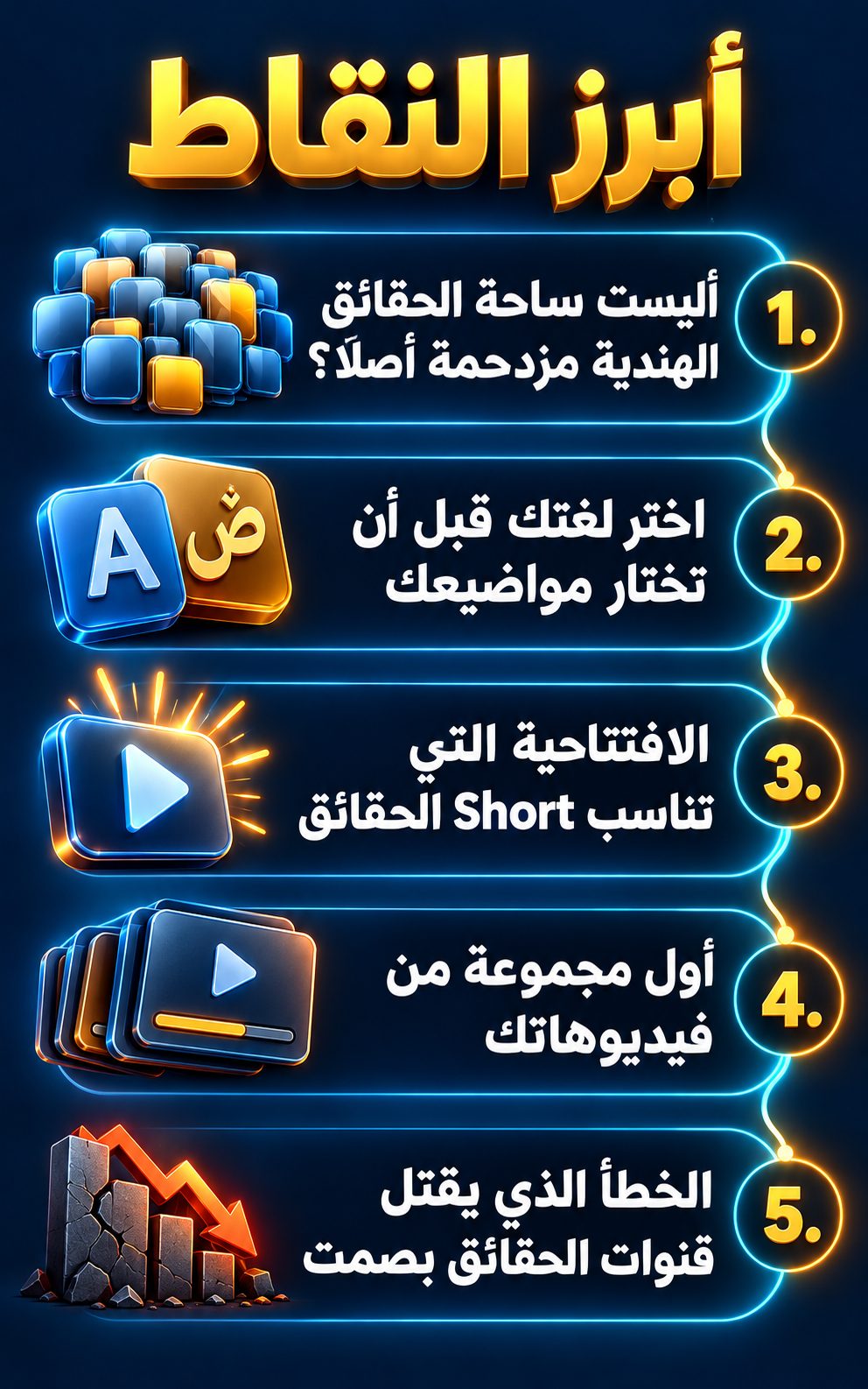 أبرز النقاط: أليست ساحة الحقائق الهندية مزدحمة أصلًا؟; اختر لغتك قبل أن تختار مواضيعك; الافتتاحية التي تناسب Short الحقائق; أول مجموعة من فيديوهاتك; الخطأ الذي يقتل قنوات الحقائق بصمت