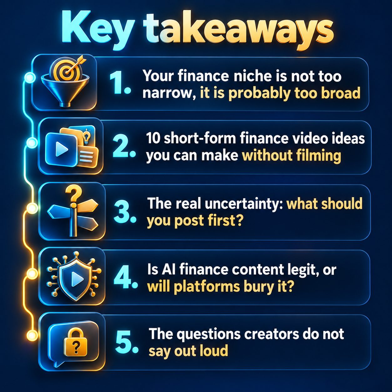 Key takeaways: Your finance niche is not too narrow, it is probably too broad; 10 short-form finance video ideas you can make without filming; The real uncertainty: what should you post first?; Is AI finance content legit, or will platforms bury it?; The questions creators do not say out loud
