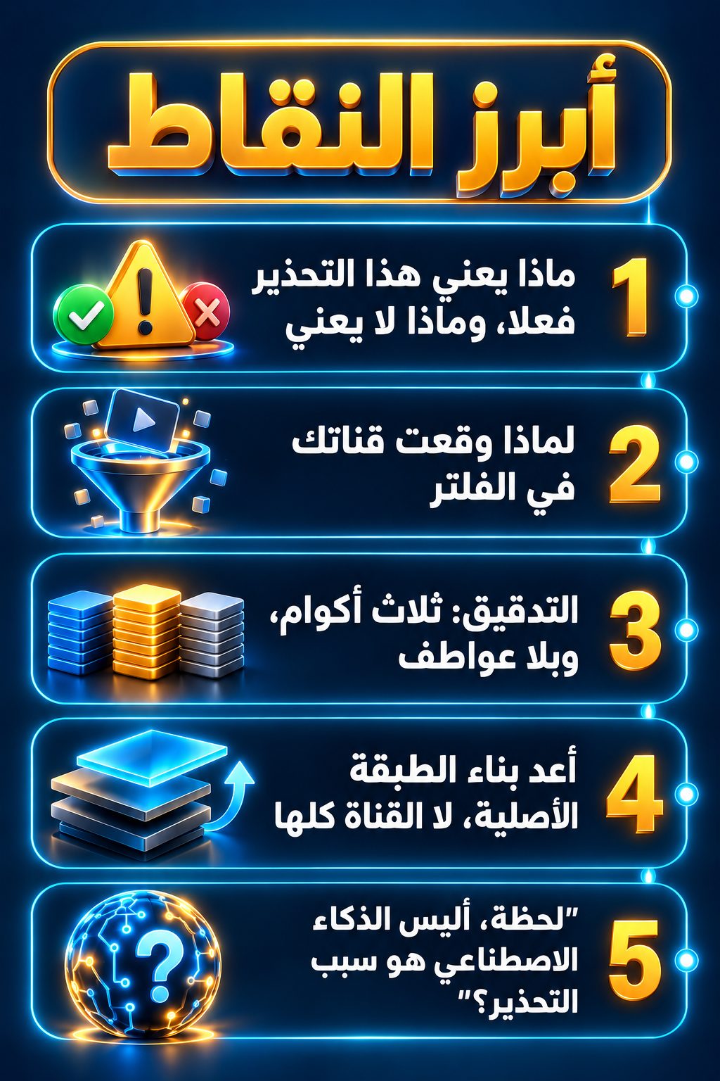 أبرز النقاط: ماذا يعني هذا التحذير فعلا، وماذا لا يعني; لماذا وقعت قناتك في الفلتر; التدقيق: ثلاث أكوام، وبلا عواطف; أعد بناء الطبقة الأصلية، لا القناة كلها; "لحظة، أليس الذكاء الاصطناعي هو سبب التحذير؟"