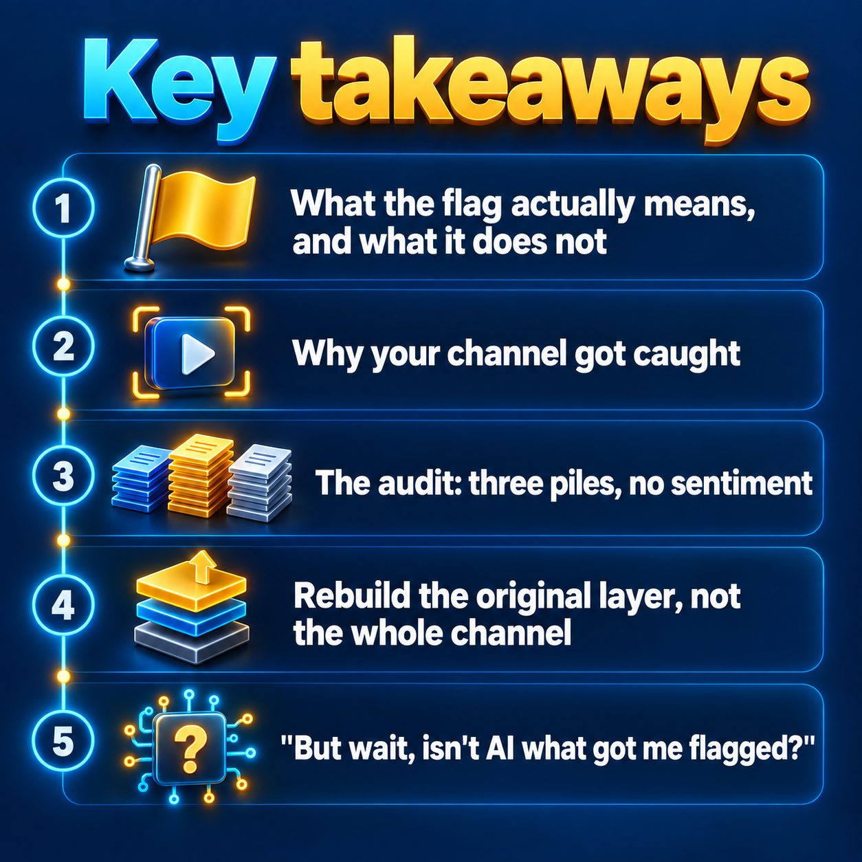 Key takeaways: What the flag actually means, and what it does not; Why your channel got caught; The audit: three piles, no sentiment; Rebuild the original layer, not the whole channel; "But wait, isn't AI what got me flagged?"