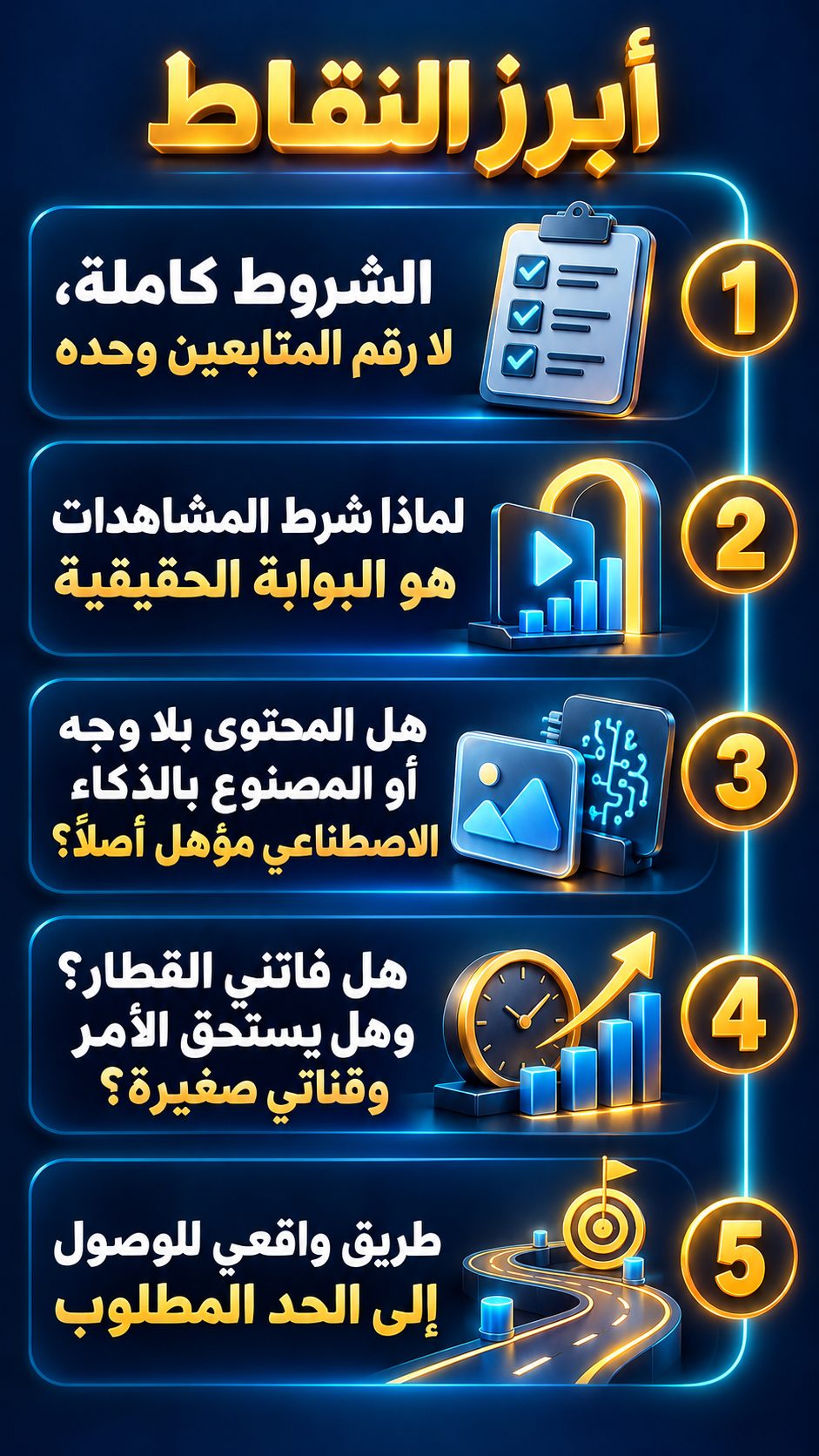 أبرز النقاط: الشروط كاملة، لا رقم المتابعين وحده; لماذا شرط المشاهدات هو البوابة الحقيقية; هل المحتوى بلا وجه أو المصنوع بالذكاء الاصطناعي مؤهل أصلًا؟; هل فاتني القطار؟ وهل يستحق الأمر وقناتي صغيرة؟; طريق واقعي للوصول إلى الحد المطلوب