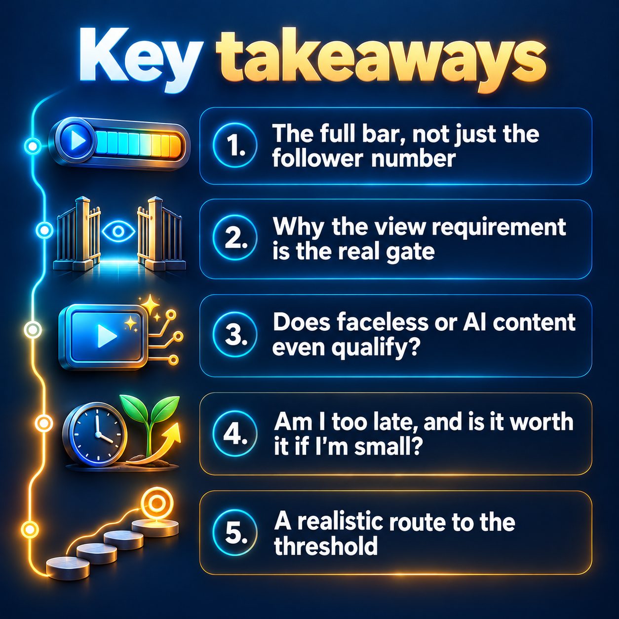 Key takeaways: The full bar, not just the follower number; Why the view requirement is the real gate; Does faceless or AI content even qualify?; Am I too late, and is it worth it if I'm small?; A realistic route to the threshold