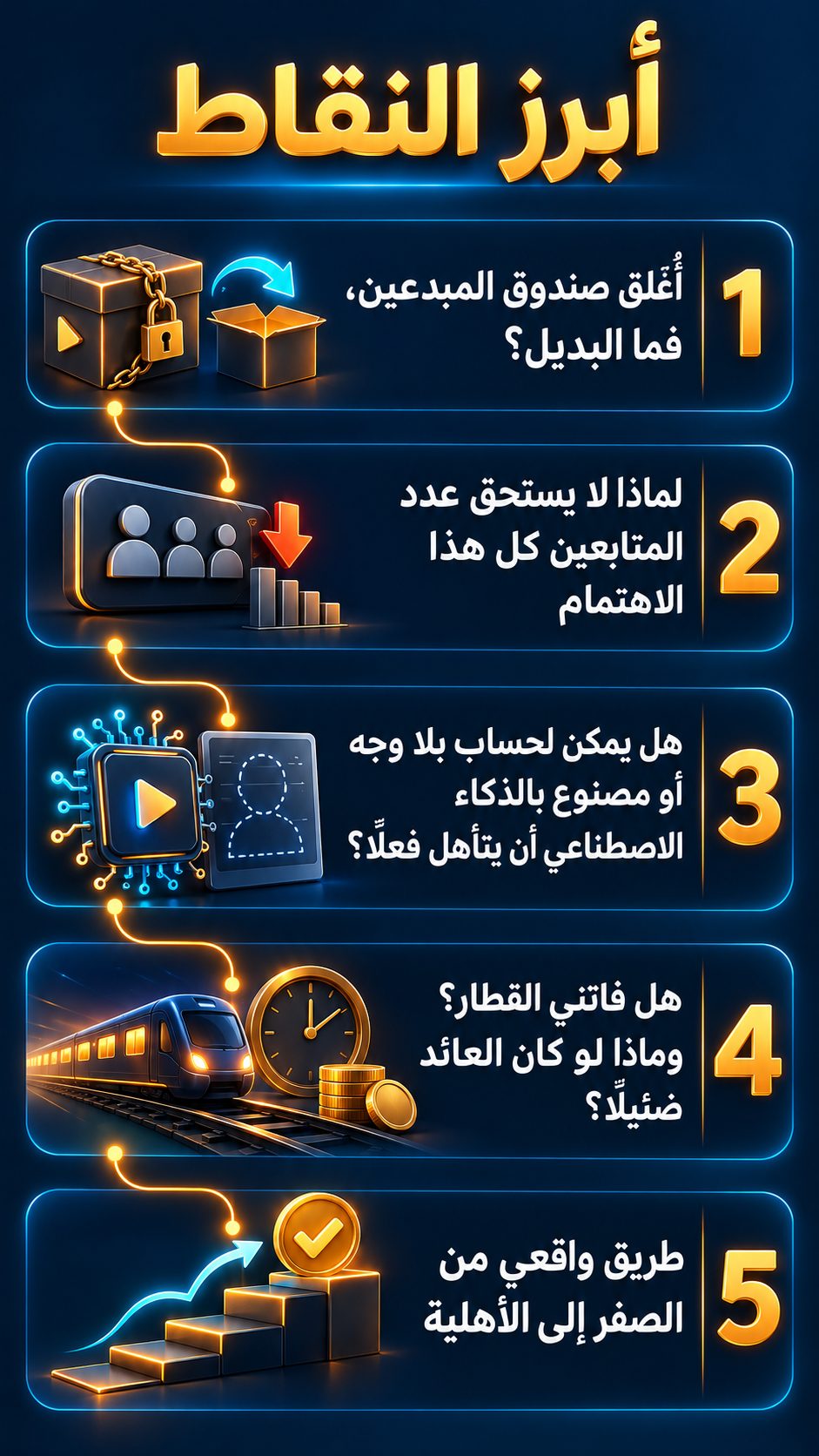 أبرز النقاط: أُغلق صندوق المبدعين، فما البديل؟; لماذا لا يستحق عدد المتابعين كل هذا الاهتمام; هل يمكن لحساب بلا وجه أو مصنوع بالذكاء الاصطناعي أن يتأهل فعلًا؟; هل فاتني القطار؟ وماذا لو كان العائد ضئيلًا؟; طريق واقعي من الصفر إلى الأهلية