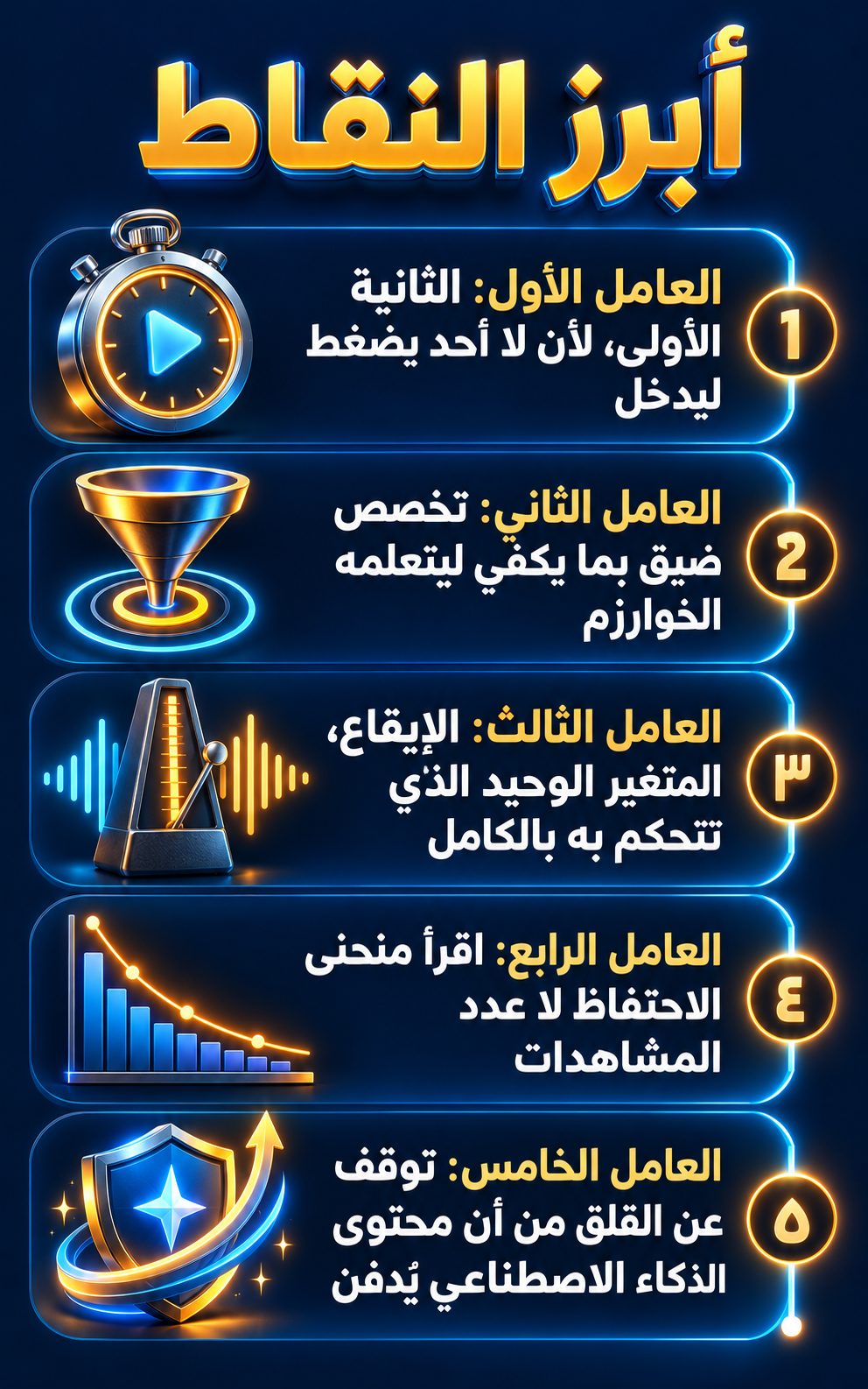 أبرز النقاط: العامل الأول: الثانية الأولى، لأن المشاهد لا يضغط ليدخل; العامل الثاني: تخصص ضيق بما يكفي لتتعلمه الخوارزمية; العامل الثالث: الإيقاع، الشيء الوحيد الذي تتحكم فيه بالكامل; العامل الرابع: اقرأ منحنى الاحتفاظ، لا عدد المشاهدات; العامل الخامس: لا تقلق من أن المنصات تدفن محتوى الذكاء الاصطناعي