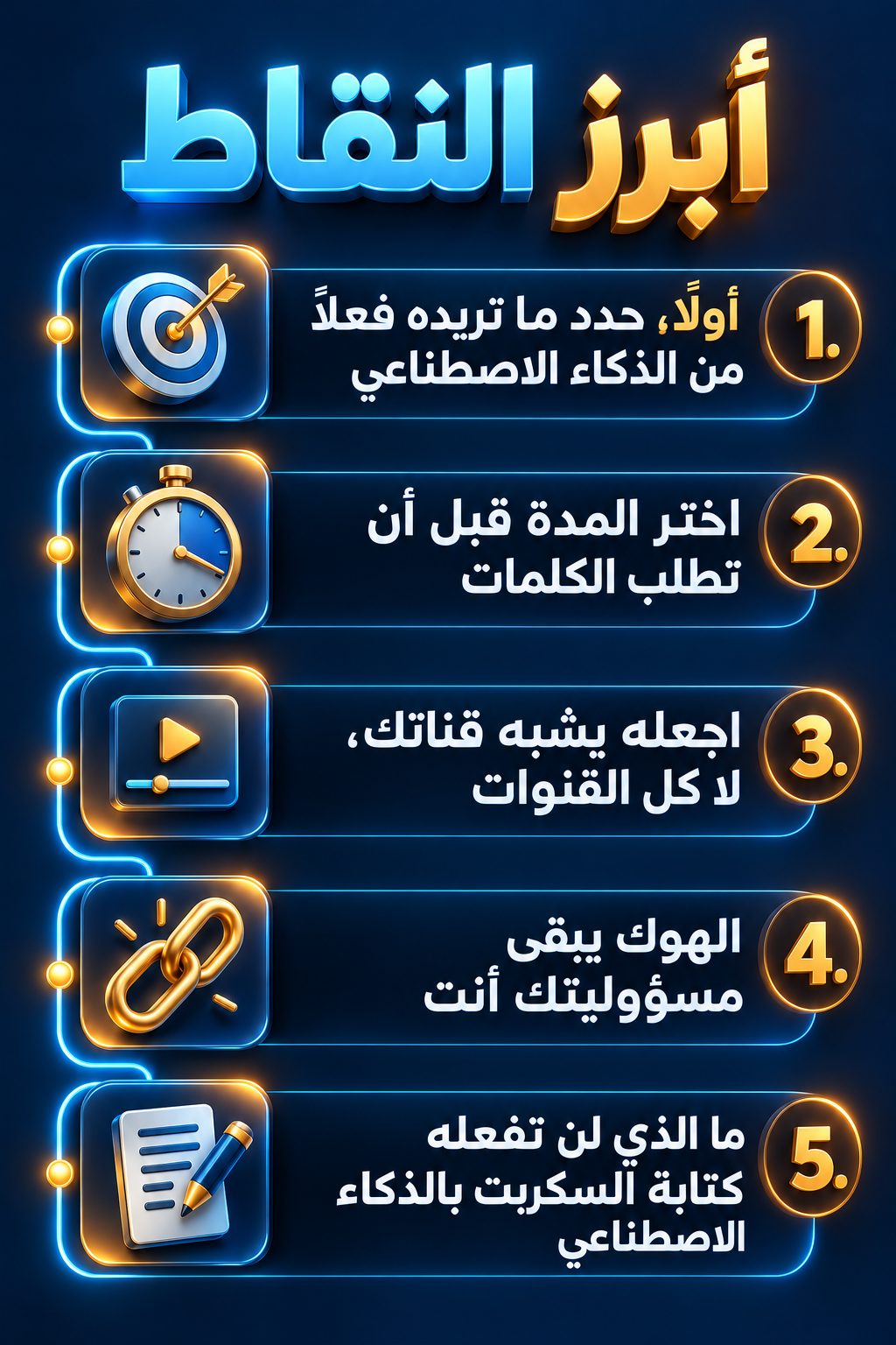 أبرز النقاط: أولاً، حدد ما تريده فعلاً من الذكاء الاصطناعي; اختر المدة قبل أن تطلب الكلمات; اجعل السكربت يشبه قناتك، لا كل القنوات; الهوك يبقى مسؤوليتك أنت; ما الذي لن تفعله كتابة السكربت بالذكاء الاصطناعي