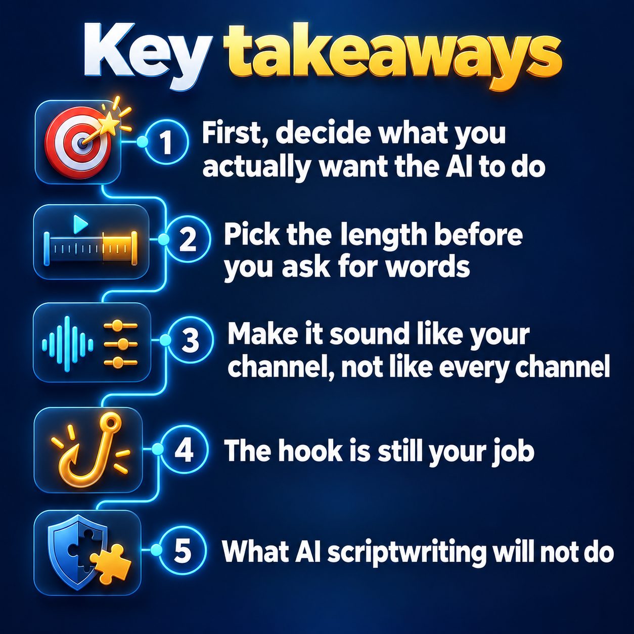 Key takeaways: First, decide what you actually want the AI to do; Pick the length before you ask for words; Make it sound like your channel, not like every channel; The hook is still your job; What AI scriptwriting will not do
